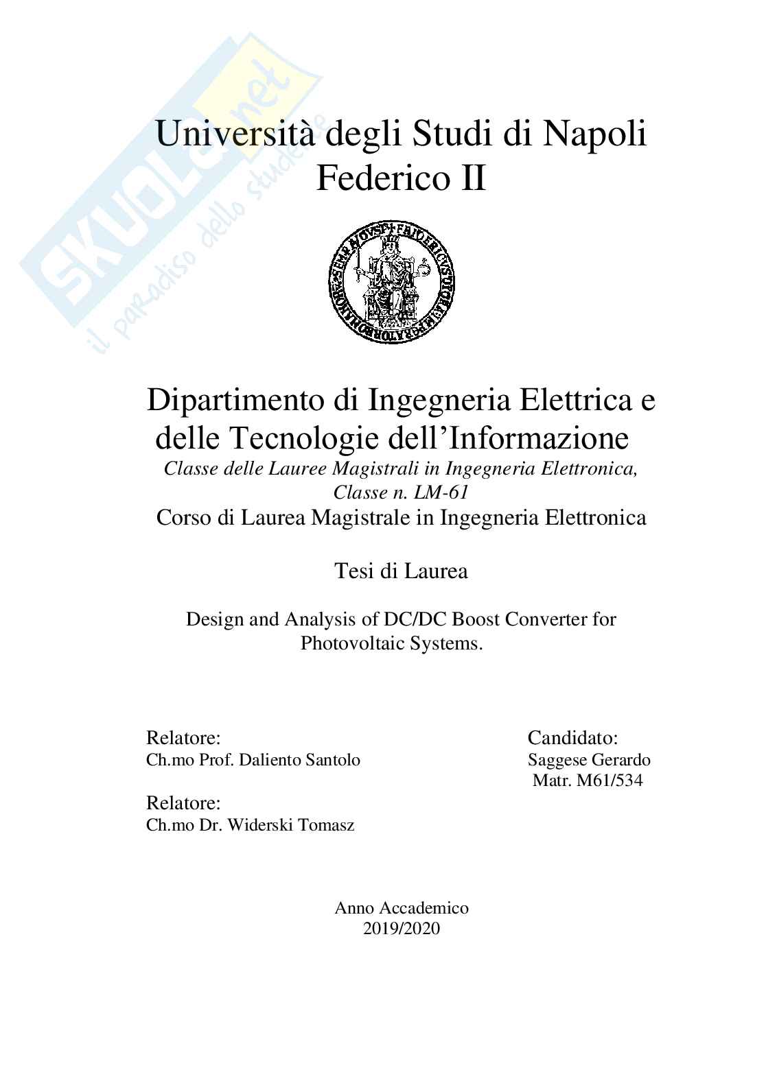 Progettazione e analisi di un convertitore DC/DC Boost per sistemi fotovoltaici Pag. 1