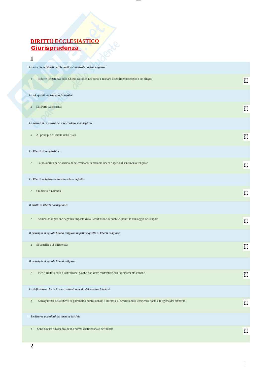 Paniere esame Diritto ecclesiastico Pag. 1
