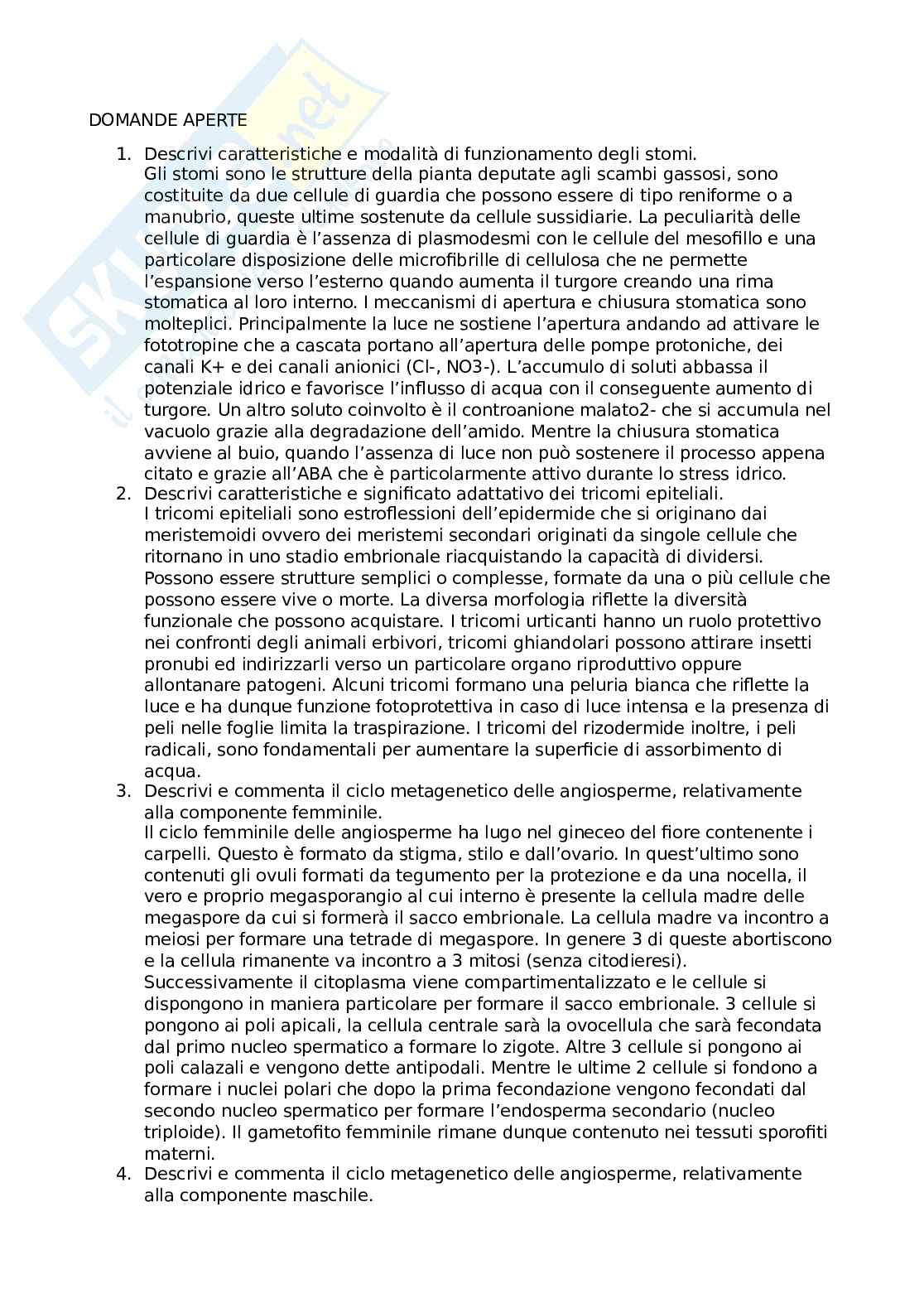 Domande aperte biologia vegetale Pag. 1