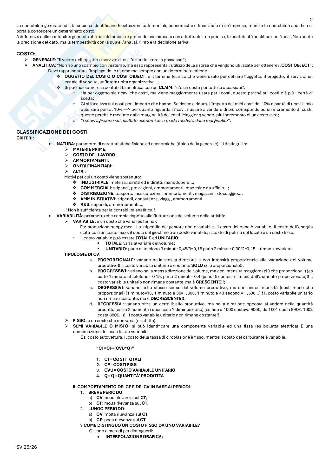 Riassunto esame Pianificazione e controllo, Prof. Alfiero Simona, libro consigliato Analisi e contabilità dei costi, Brusa Pag. 2