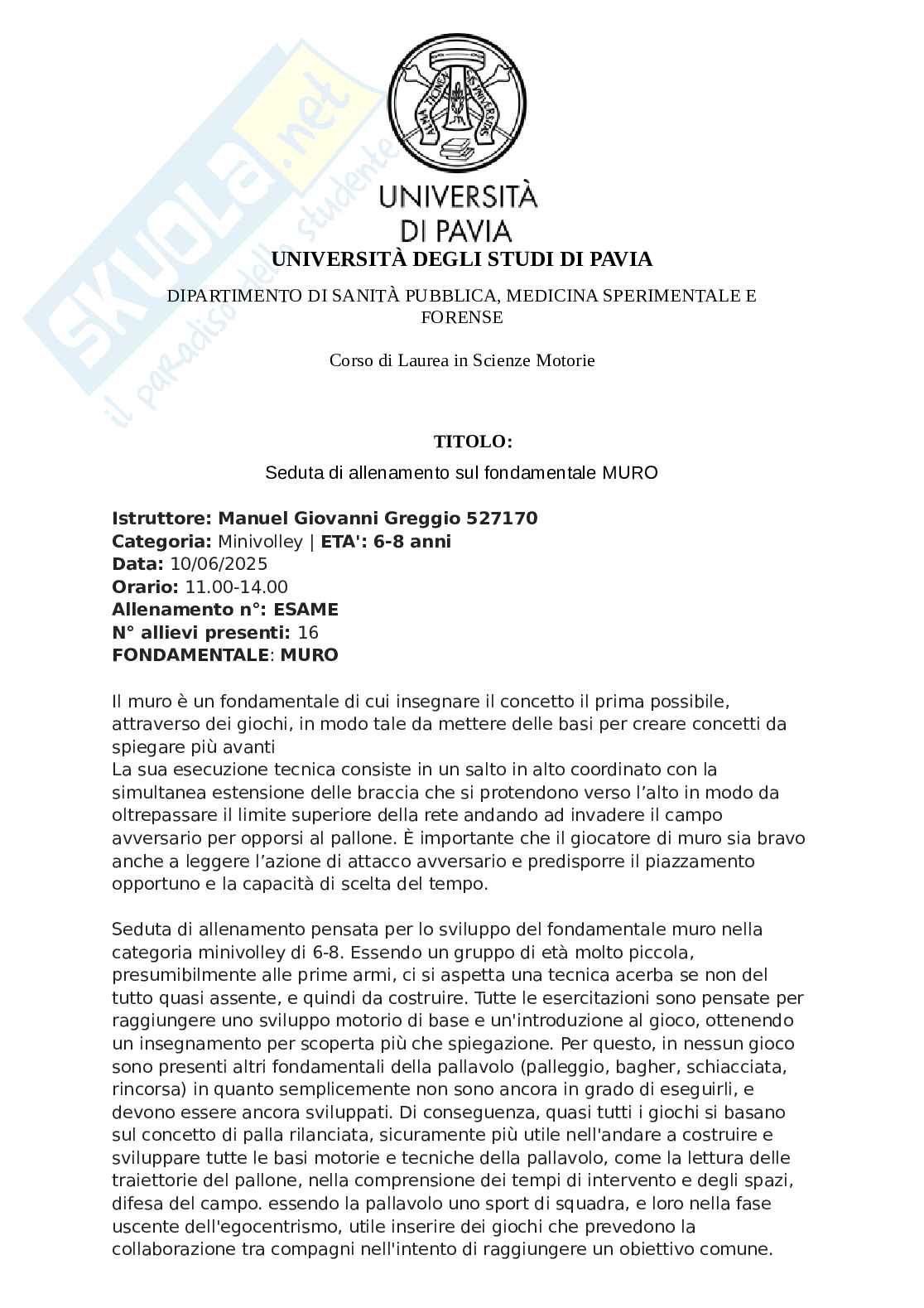 Esame di Teoria tecnica e didattica dell'attività motoria- Modulo pallavolo  Pag. 1