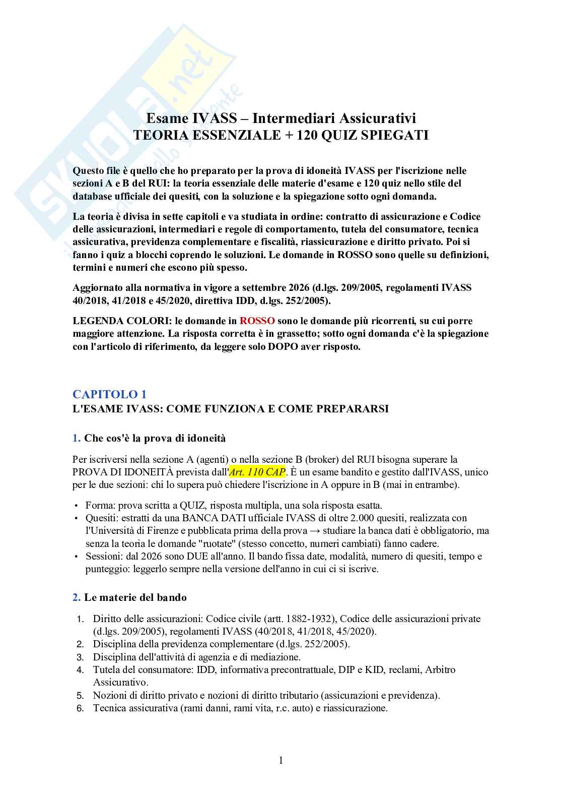Esame IVASS 2026 Intermediari assicurativi – teoria essenziale + 120 quiz spiegati Pag. 1