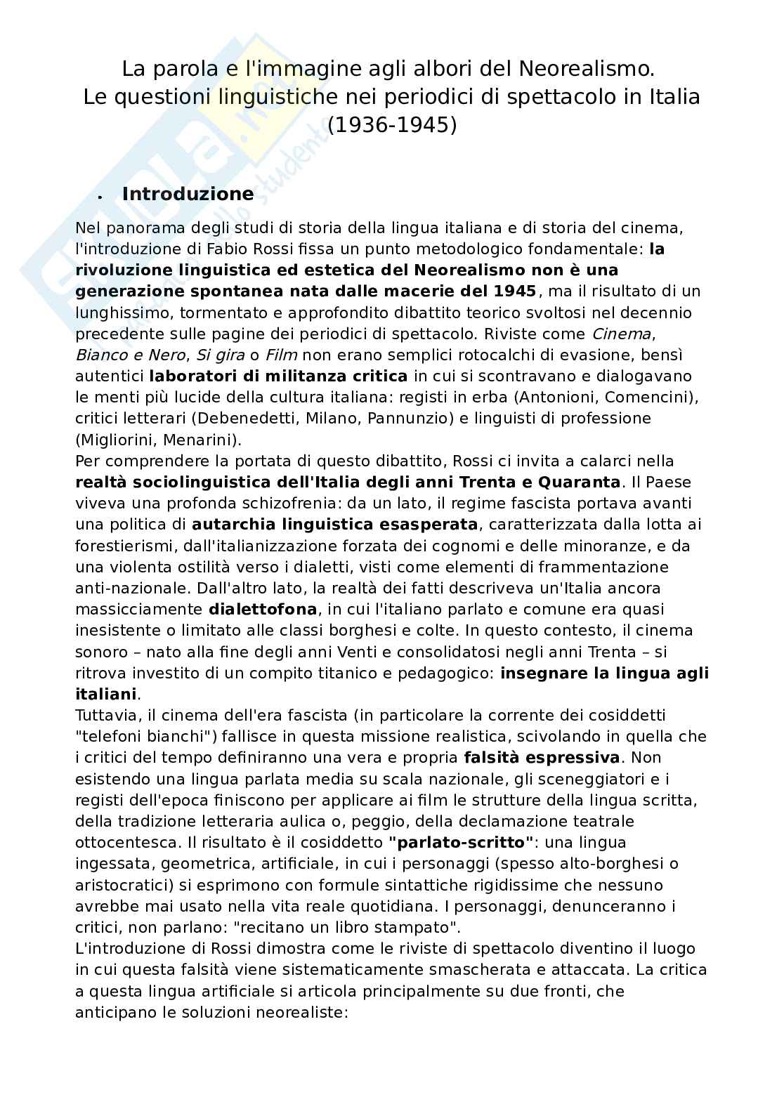 Riassunto esame Teoria del cinema, Prof. Rossi Fabio, libro consigliato La parola e l'immagine agli albori del Neorealismo , Rossi Pag. 1