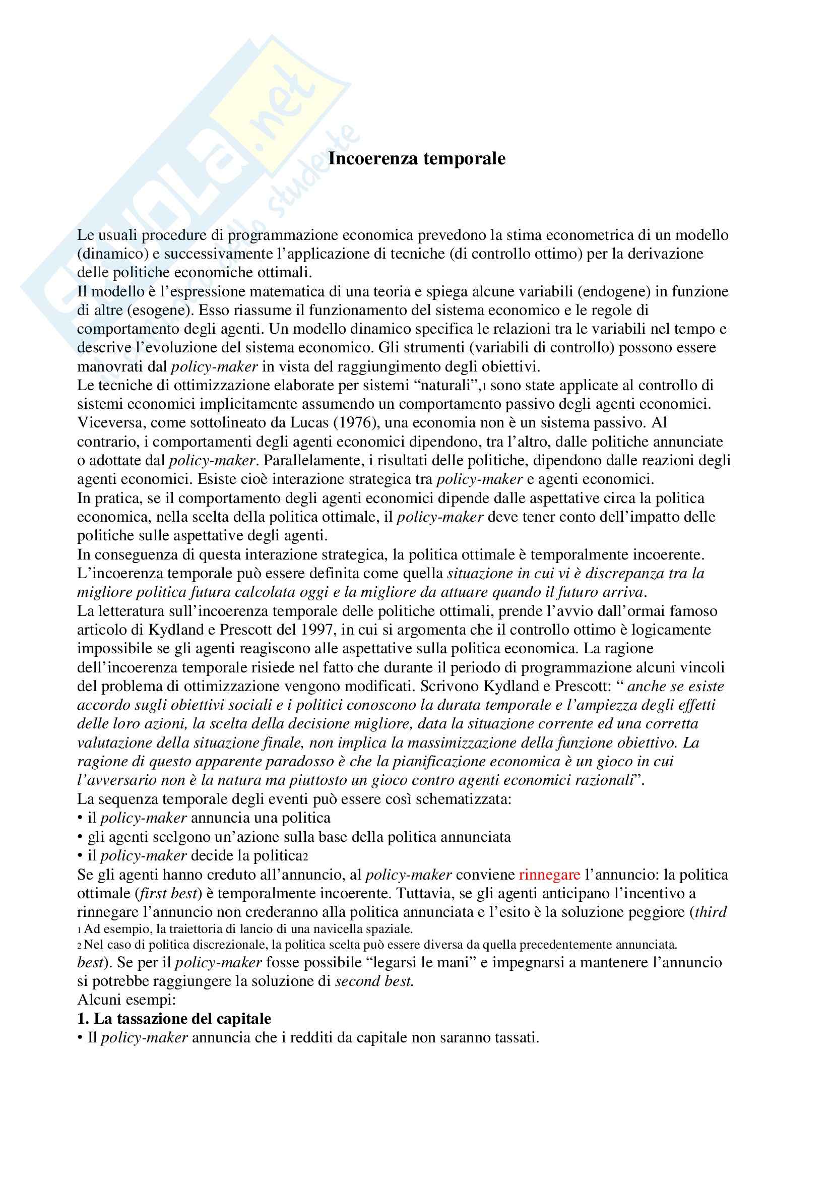 Politica economica - l'incoerenza temporale Pag. 1