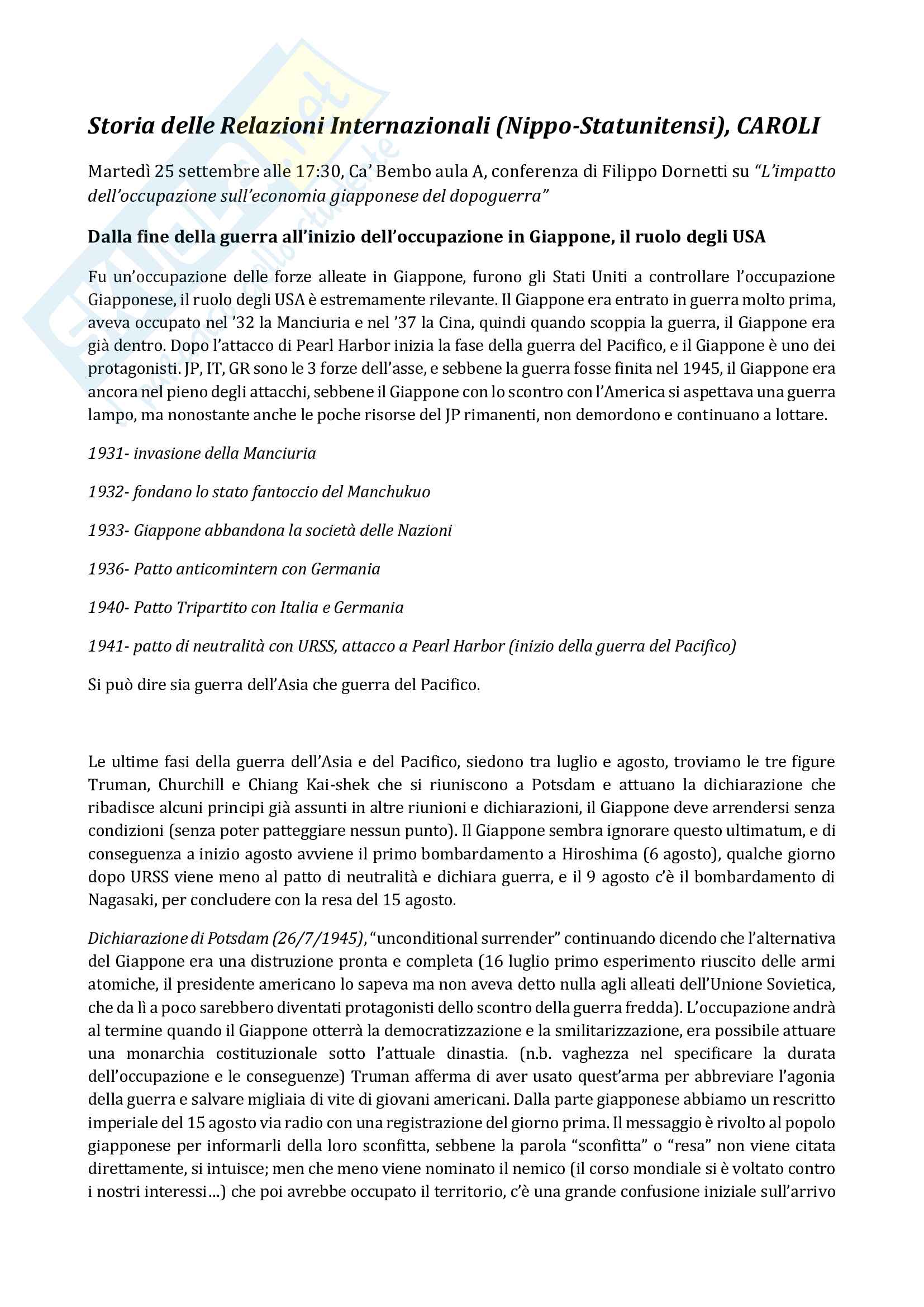 Storia delle Relazioni Internazionali nippo- statunitensi - Appunti Pag. 1