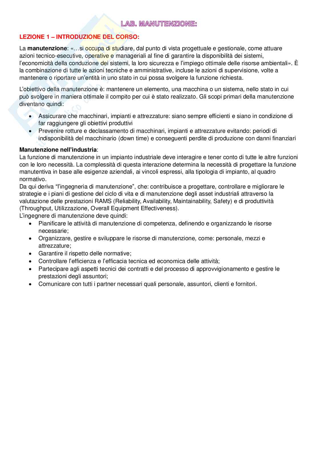Riassunto esame Laboratorio di manutenzione, Prof. Tornese Fabiana, libro consigliato Progettare e gestire la manutenzione, Fedele, Furlanetto, Saccardi Pag. 1