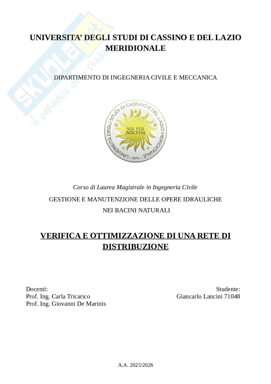 Verifica e ottimizzazione di una rete di distribuzione  Pag. 1