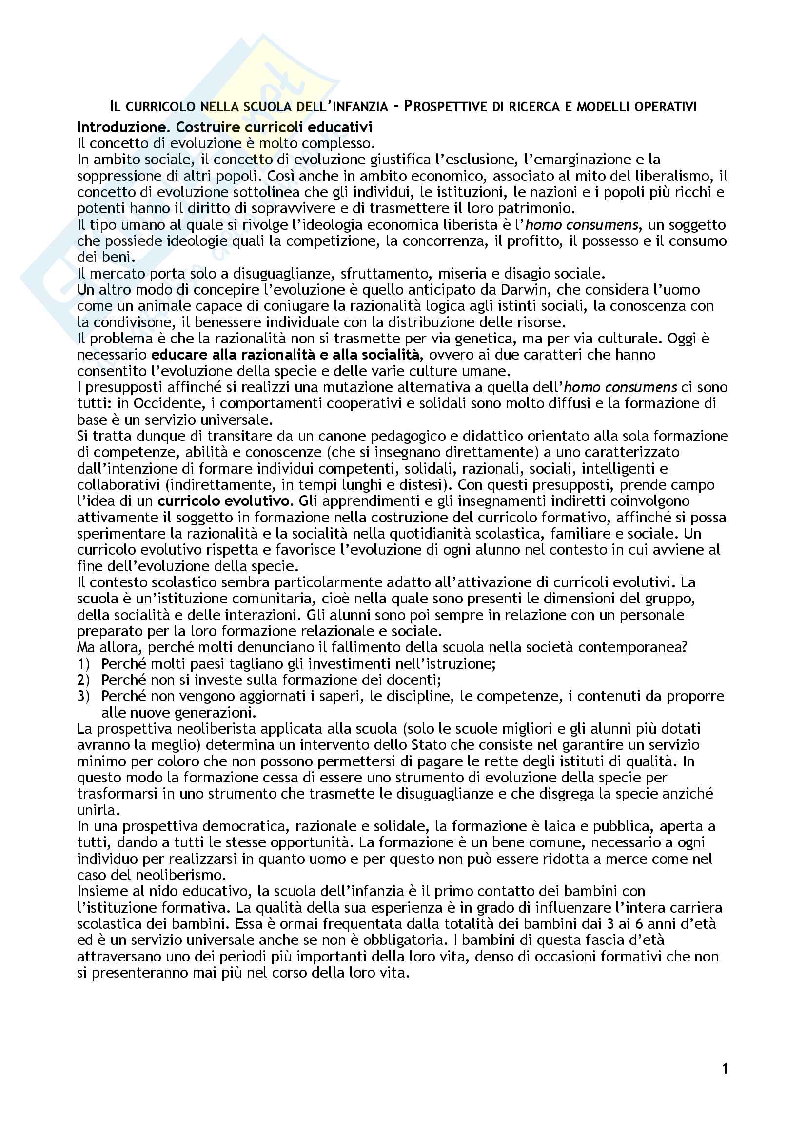 Riassunto esame Didattica generale, prof. Giuliano Franceschini, libro consigliato "Il curricolo nella scuola dell'infanzia. Prospettive di ricerca e modelli operativi", di Franceschini Giuliano, Borin Paolo Pag. 1