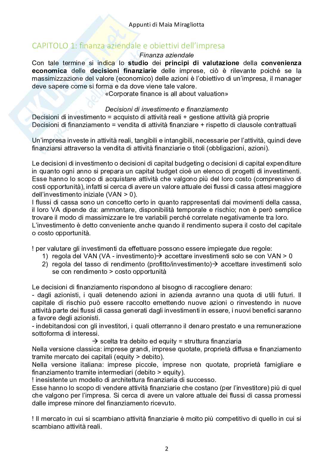 Riassunto esame Finanza aziendale , Prof. Sandri Sandro, libro consigliato Principi di finanza aziendale, McGraw-Hill Education, R.Brealey, S.Myers, F.Allen, S.Sandri Pag. 2