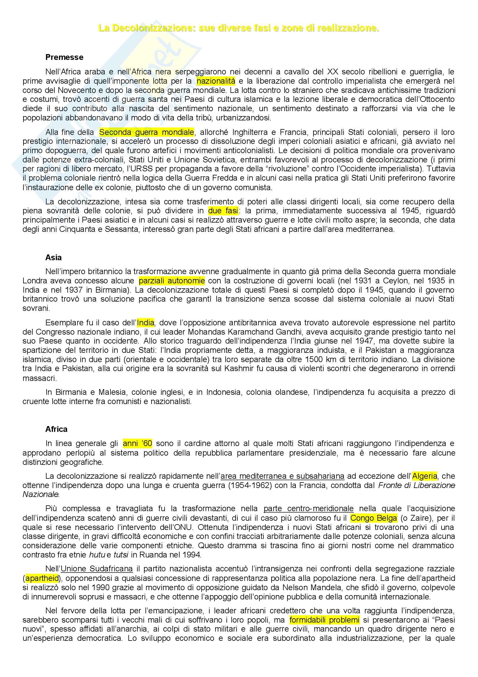 Storia e Istituzioni dell'Africa - la decolonizzazione Pag. 1