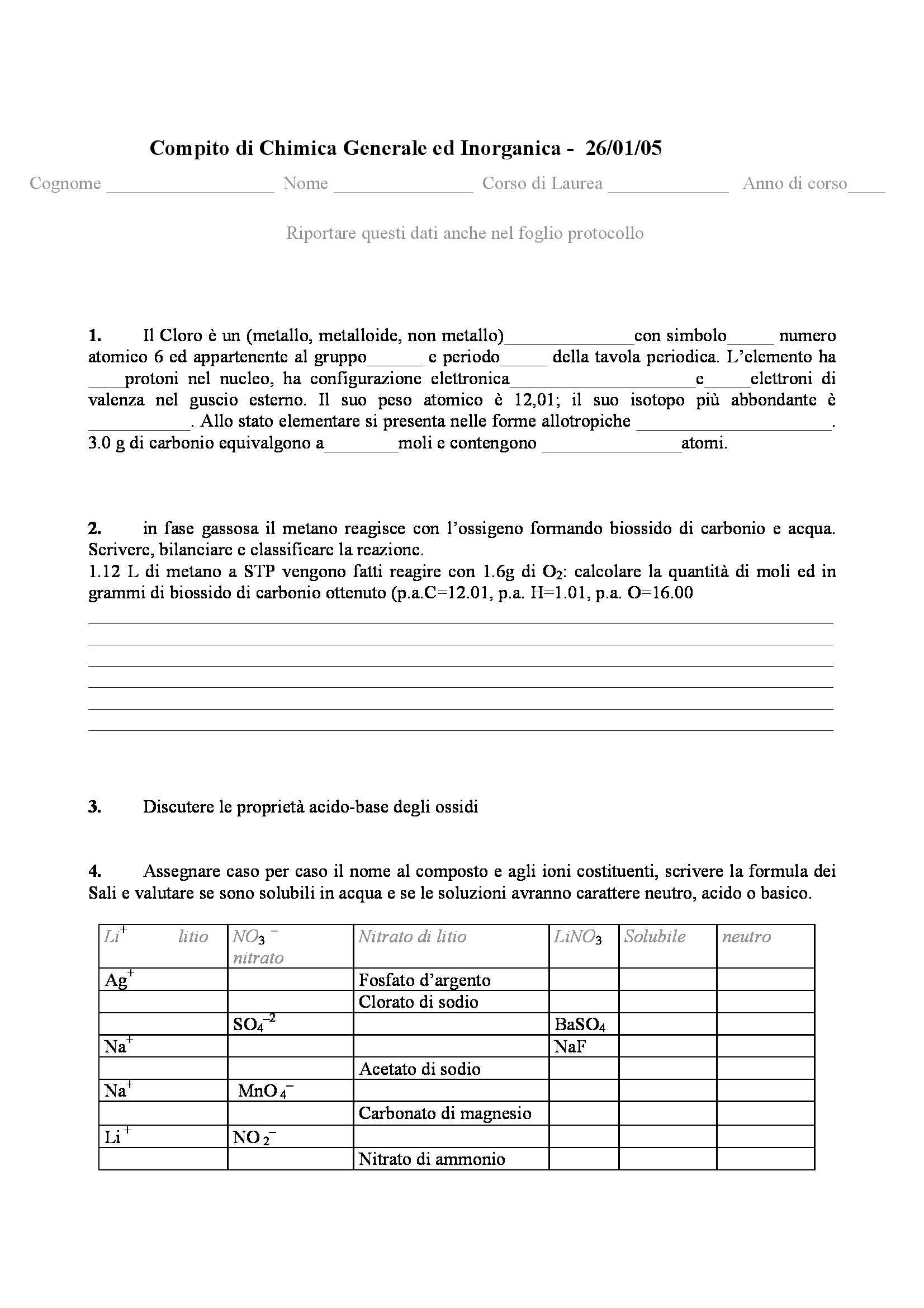 Chimica generale e inorganica - Domande Pag. 1