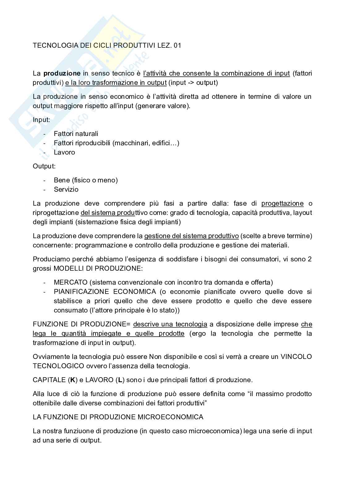 Appunti lezioni 1 e 2 Tecnologia dei cicli produttivi Pag. 1