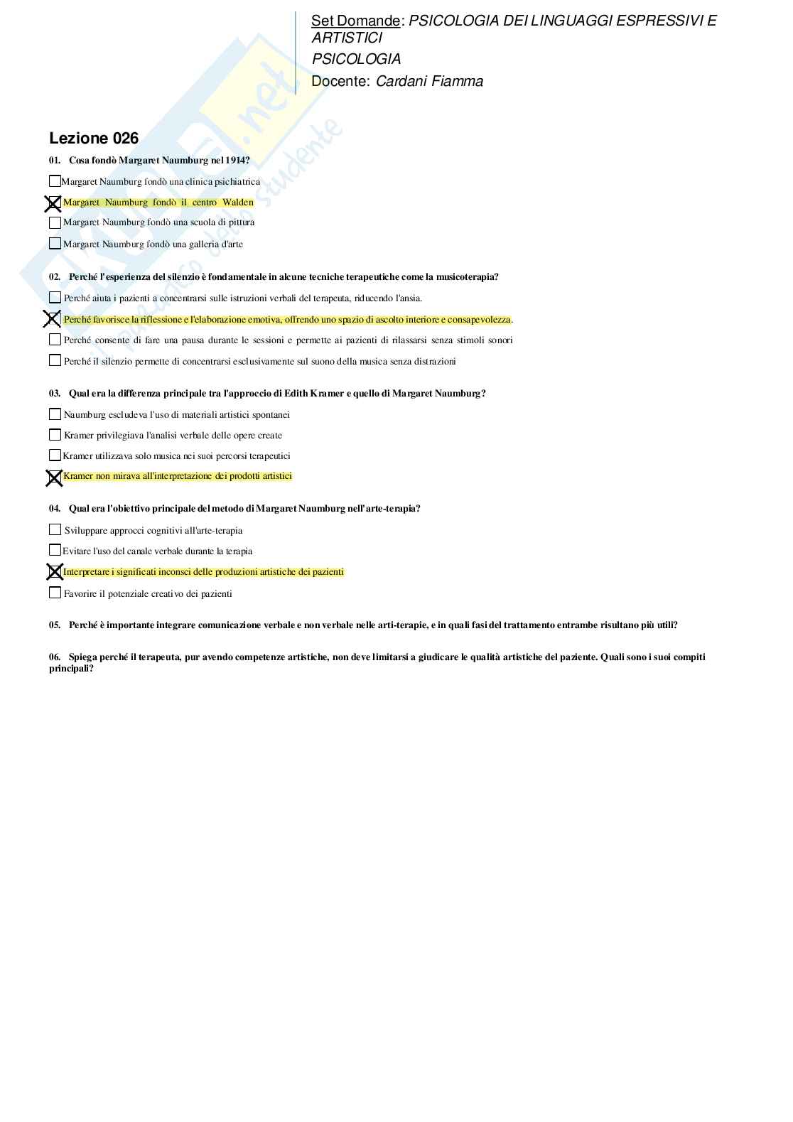 Risposte domande chiuse psicologia dei linguaggi espressivi e artistici aggiornate 2026 Pag. 56