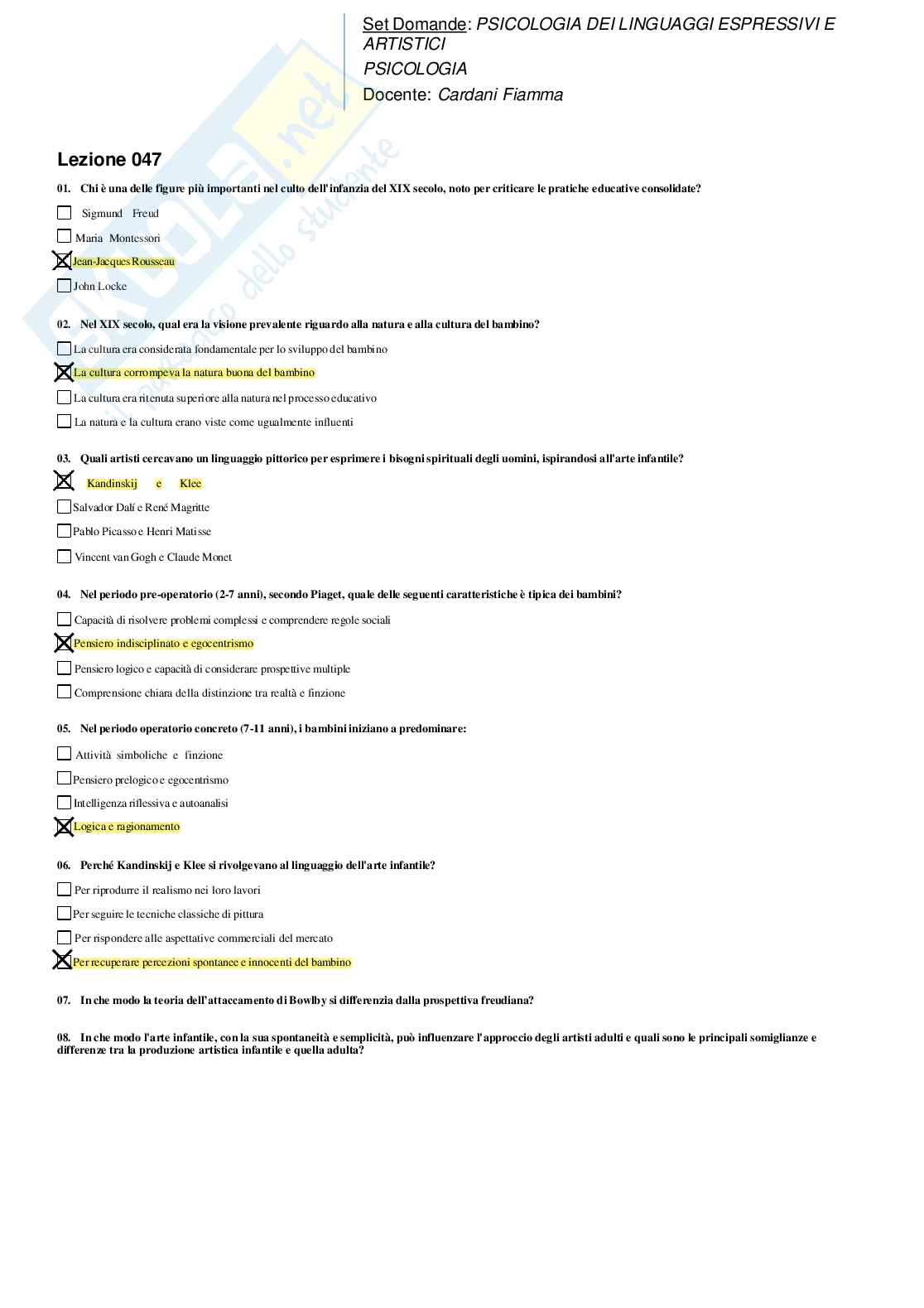 Risposte domande chiuse psicologia dei linguaggi espressivi e artistici aggiornate 2026 Pag. 76