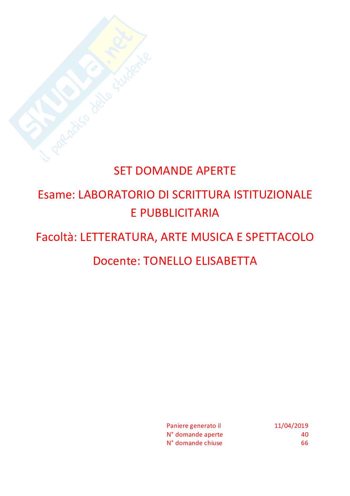 Paniere Laboratorio di scrittura istituzionale e pubblicitaria - risposte aperte Pag. 1