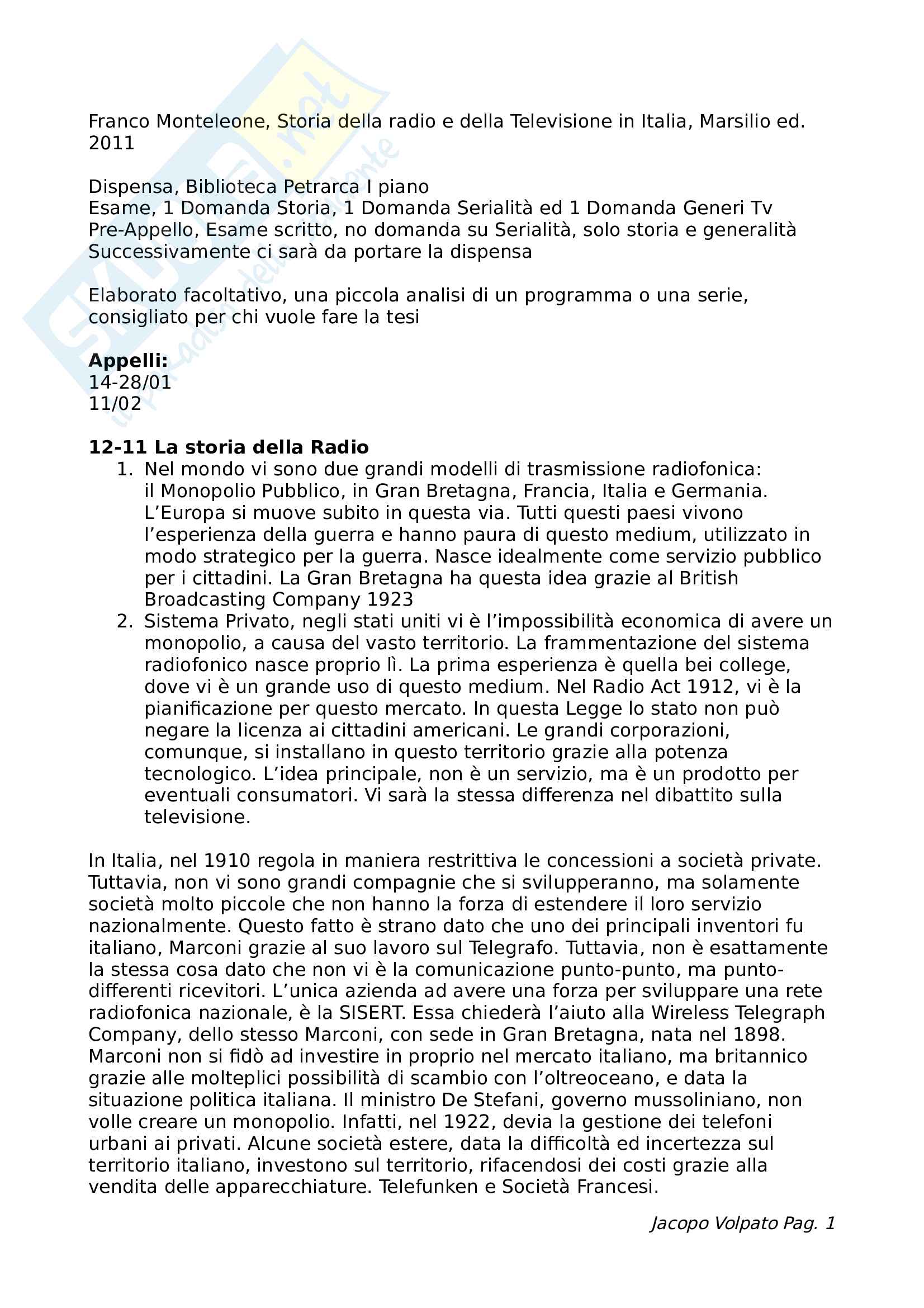 Tutte le lezioni di Storia della Radio e della Televisione Pag. 1