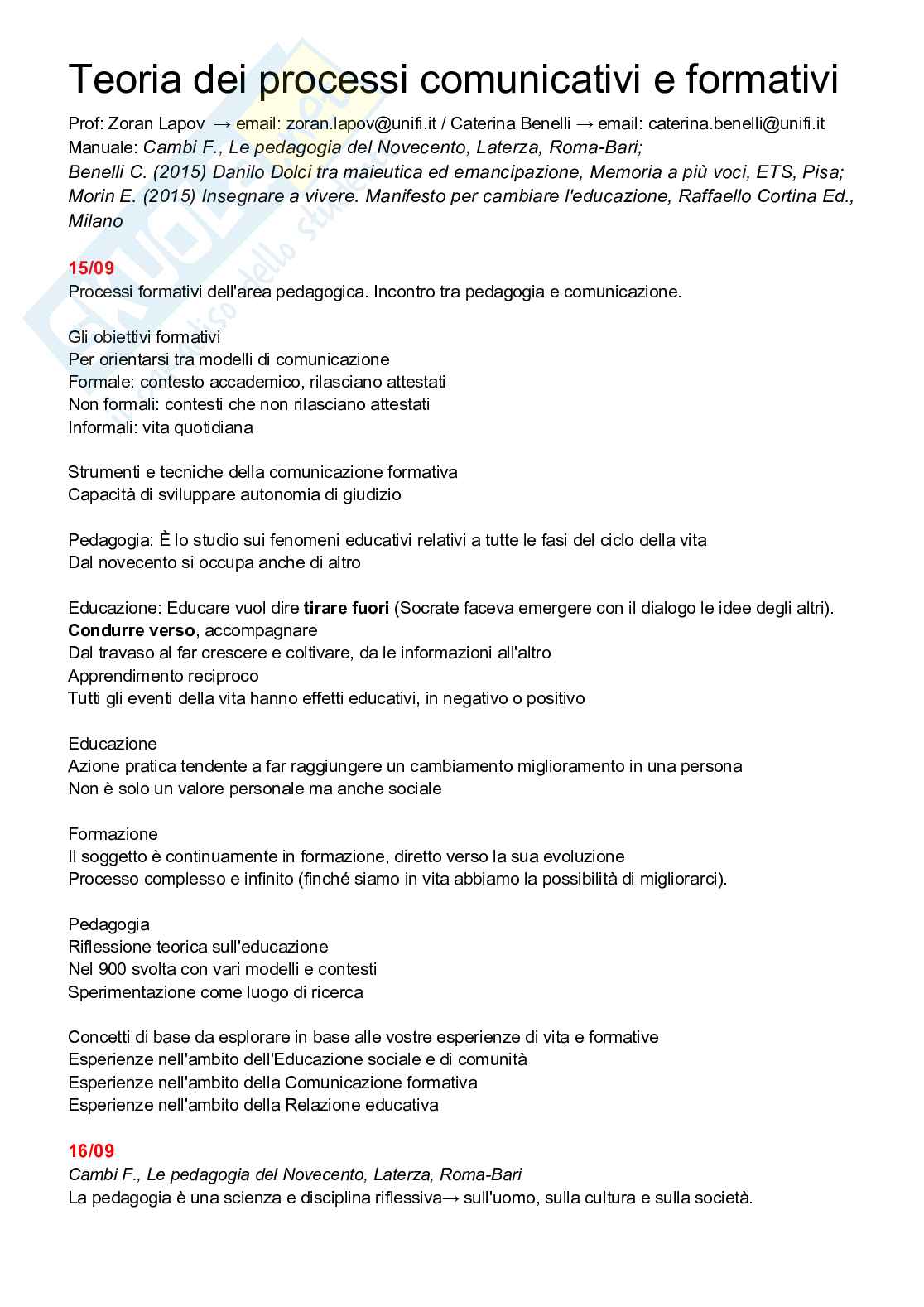 Riassunto esame Storia dei processi comunicativi e formativi, Prof. Zoran Lapov, libro consigliato La pedagogia del Novecento, Cambi Pag. 1