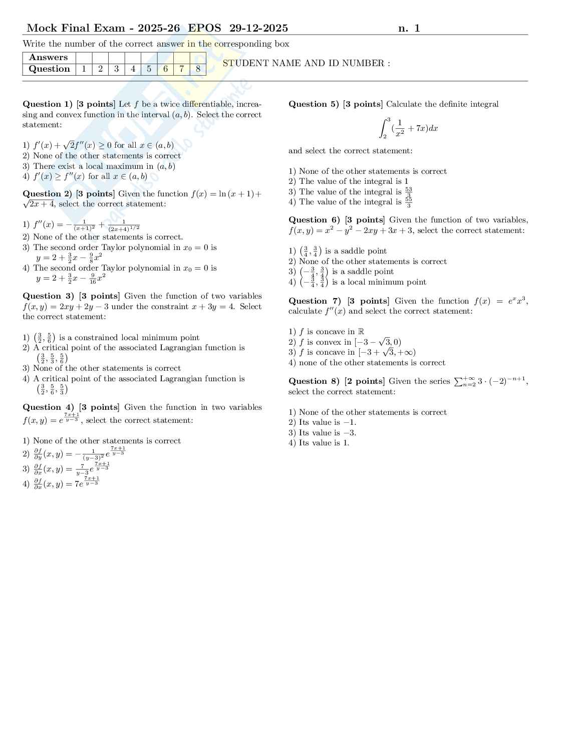 Full Mock Exam Matematica Pag. 1