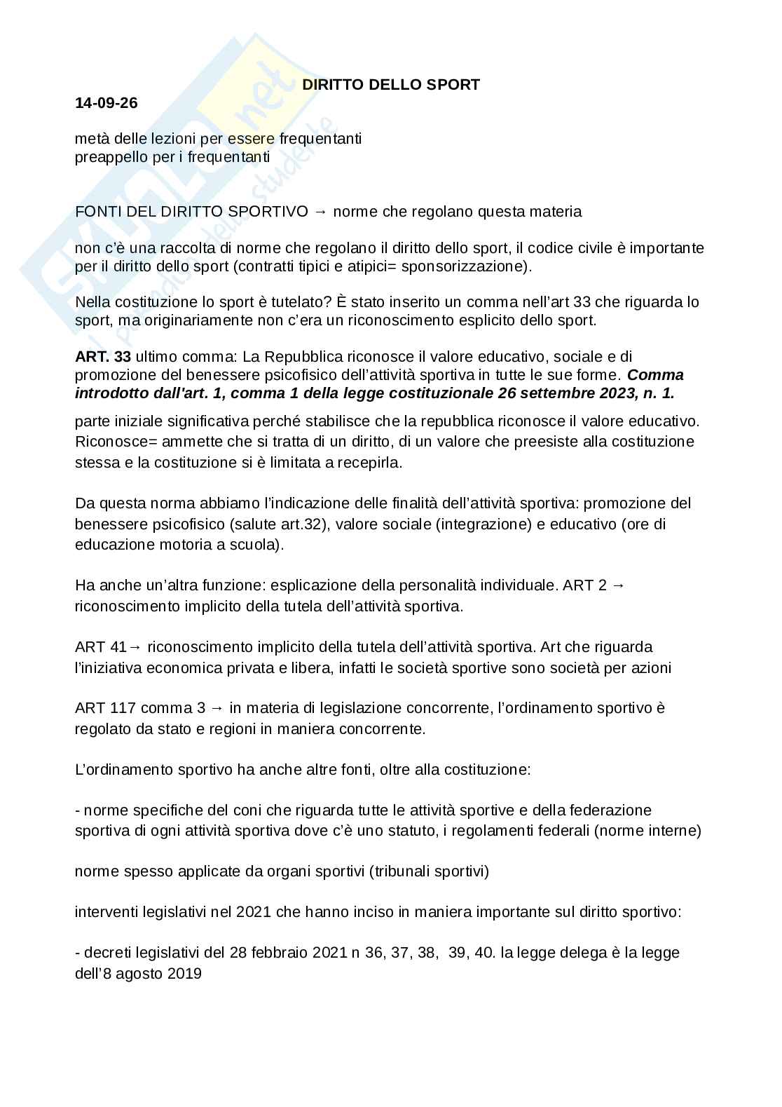 Appunti prime lezioni Diritto dello sport Pag. 1