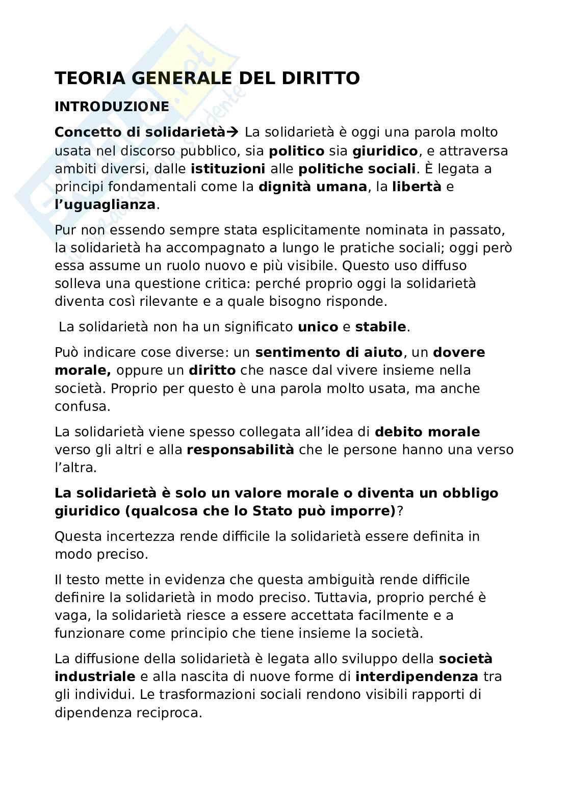 Riassunto esame Teoria generale del diritto, Prof. Vincenzo Acciaro, libro consigliato La solidarietà. Storia di un'idea, Blais Pag. 1