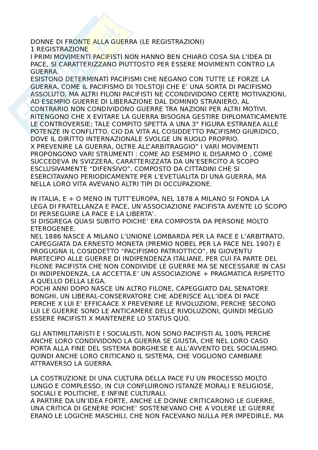 Riassunto esame Storia contemporanea, Prof. Bartoloni Stefania, libro consigliato Donne di fronte alla guerra, Bartoloni Pag. 1