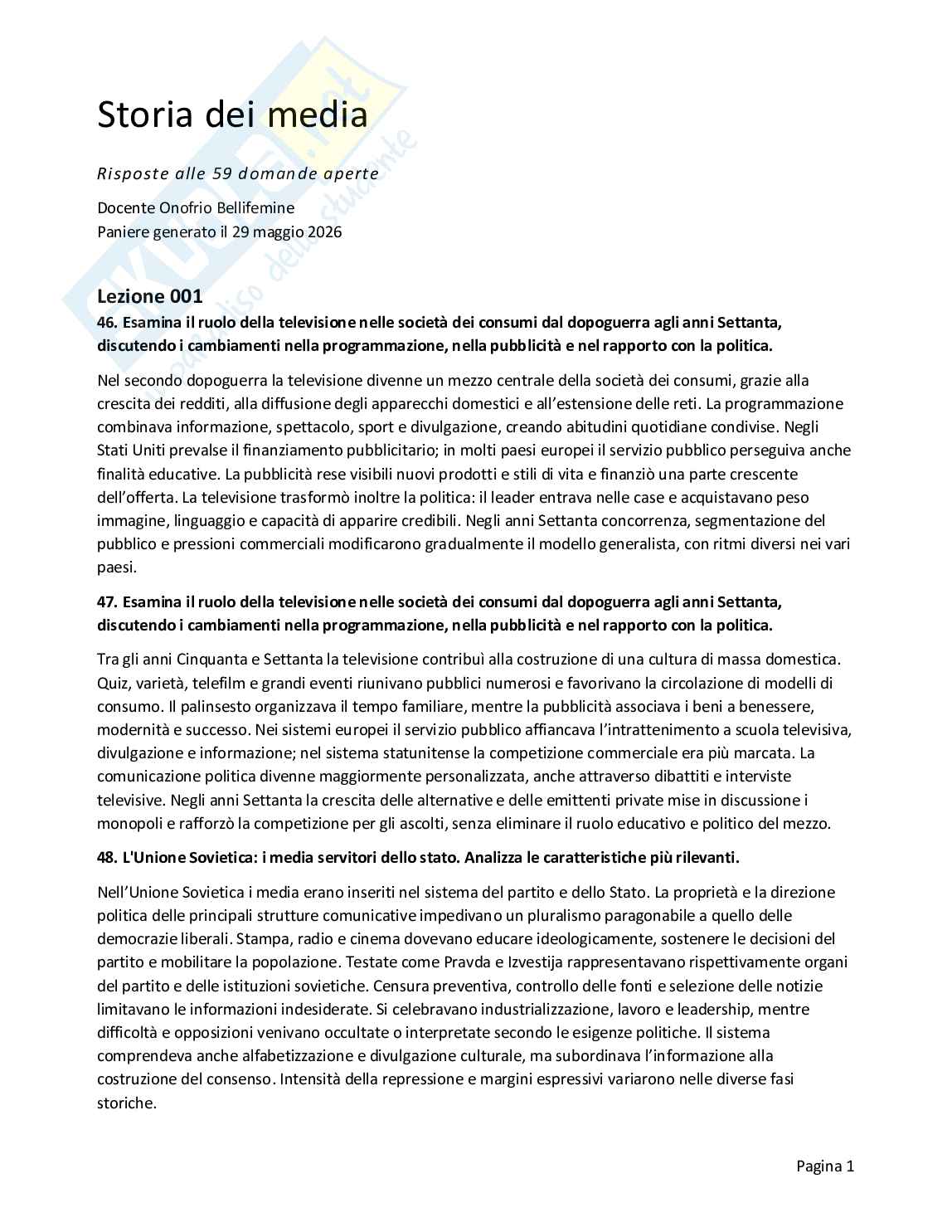 Risposte aperte Storia dei media, 2026 Pag. 1