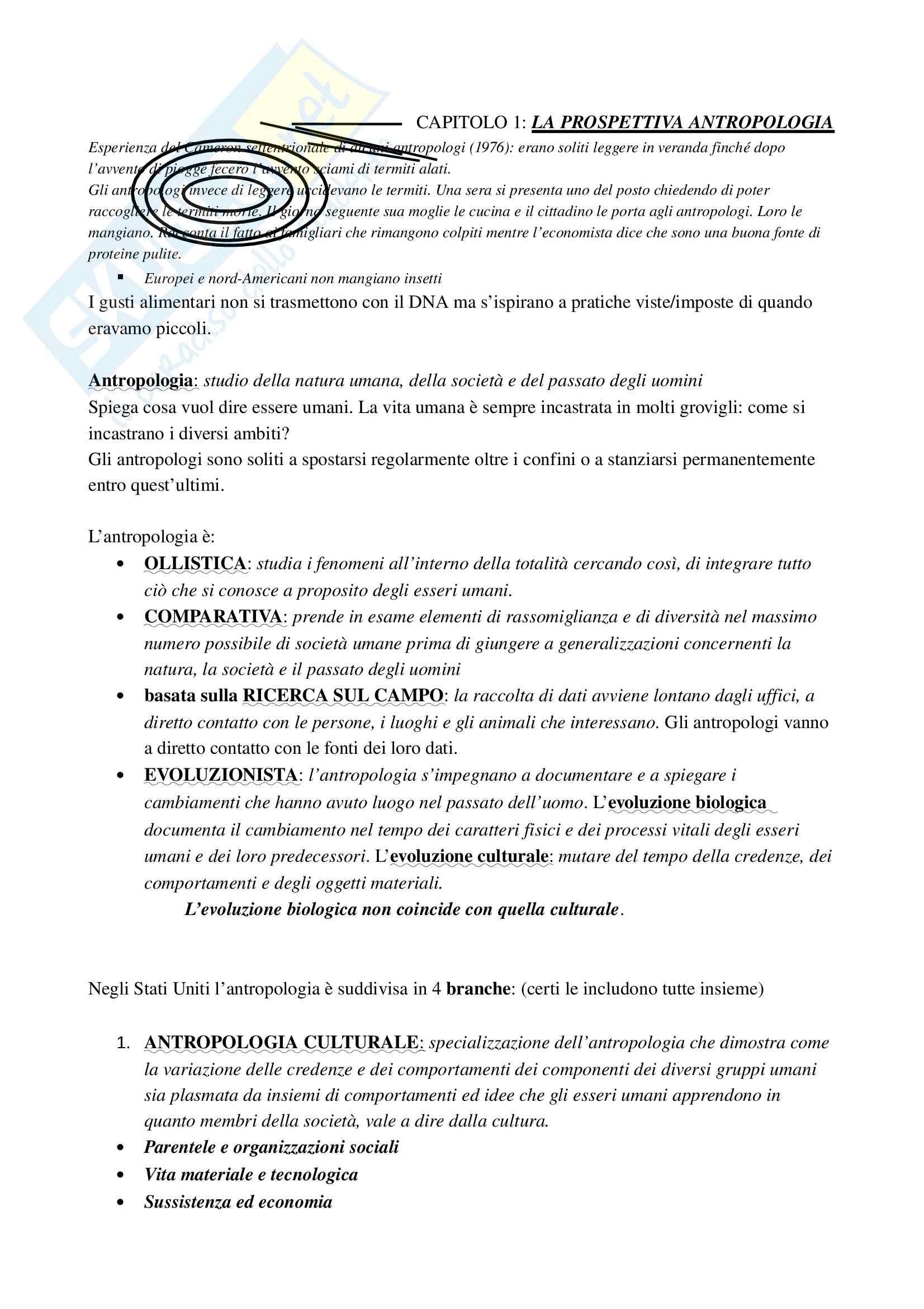 Riassunto esame Antropologia culturale, prof. Piasere, libro consigliato Antropologia culturale di Schultz, Lavenda Pag. 1