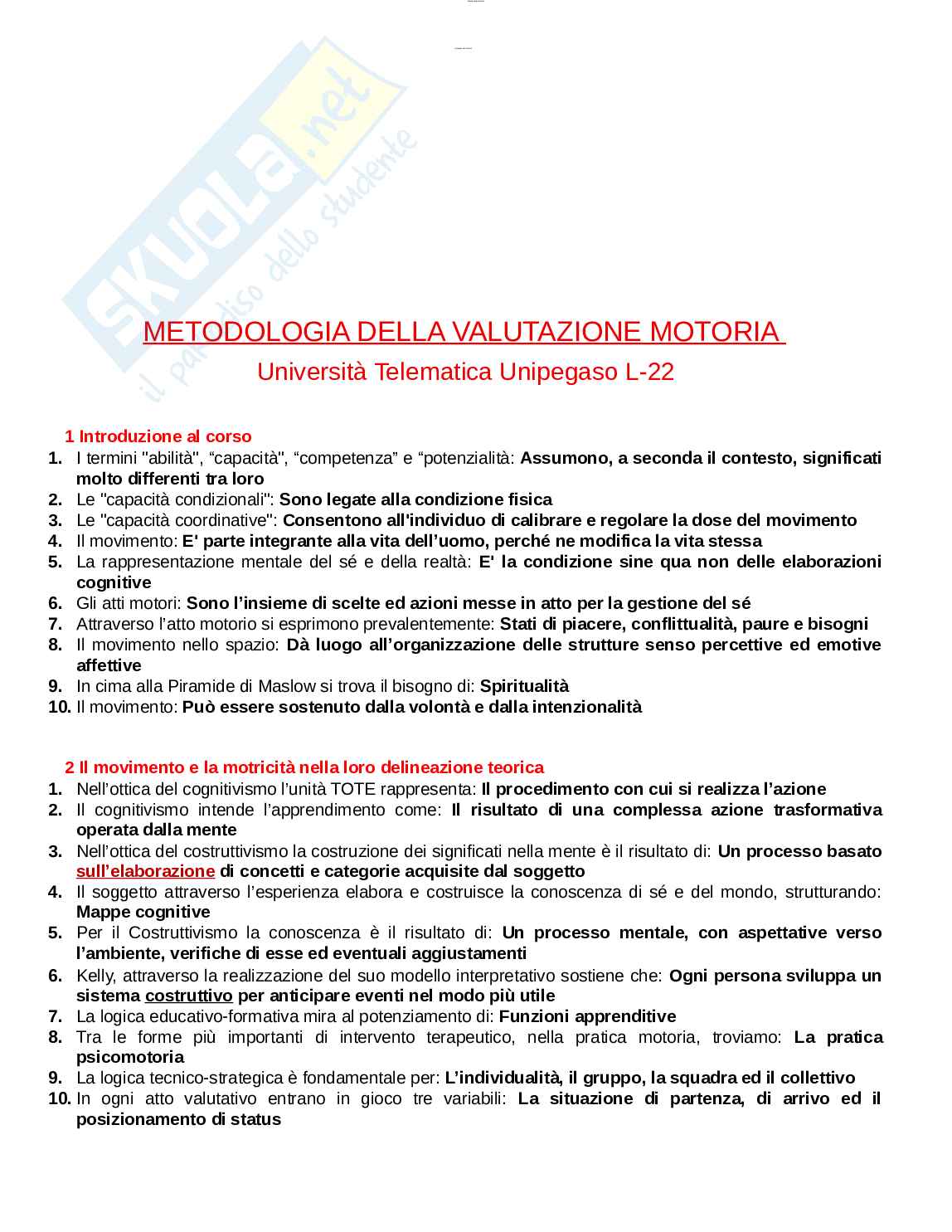 Paniere esame Metodologia della valutazione motoria Pag. 1
