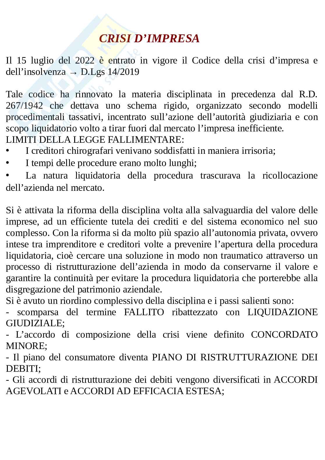 Appunti di Diritto dei contratti d'impresa sulla crisi Pag. 1