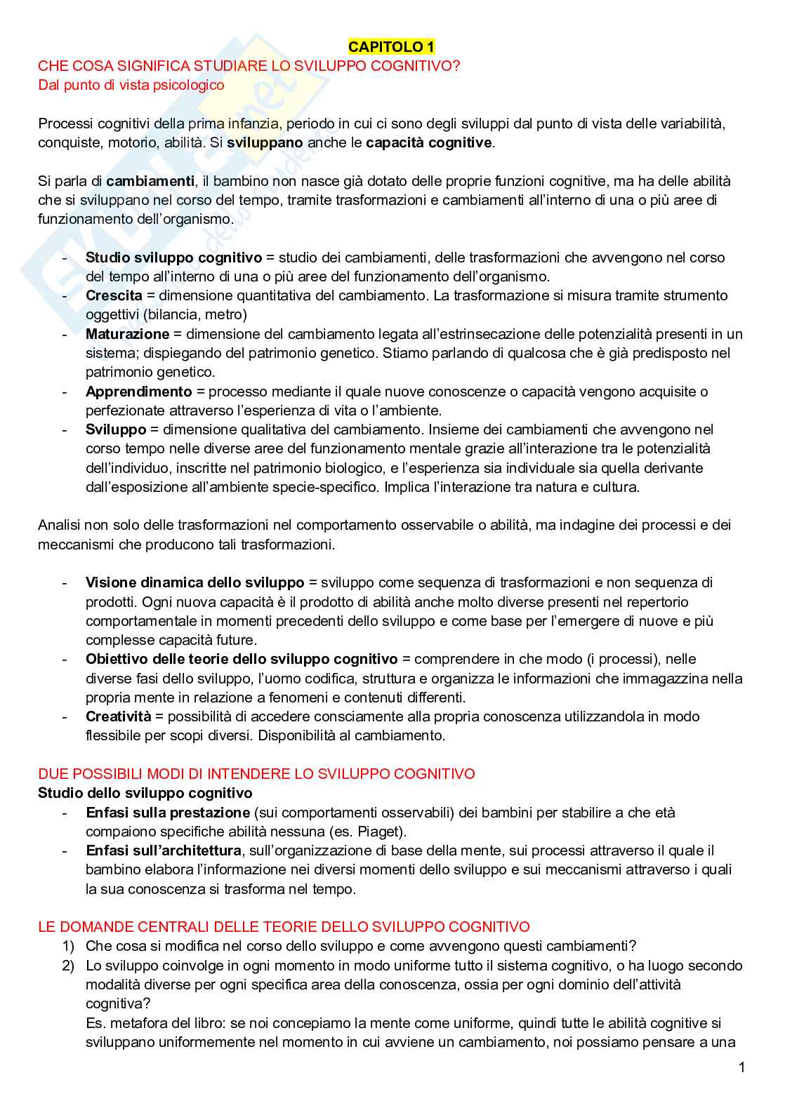 Processi cognitivi nella prima infanzia Pag. 1