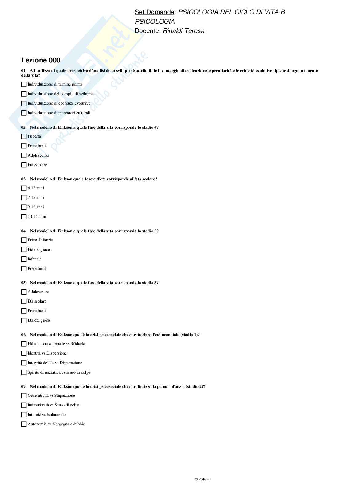 Paniere svolto Psicologia del ciclo di vita - domande multiple Pag. 1