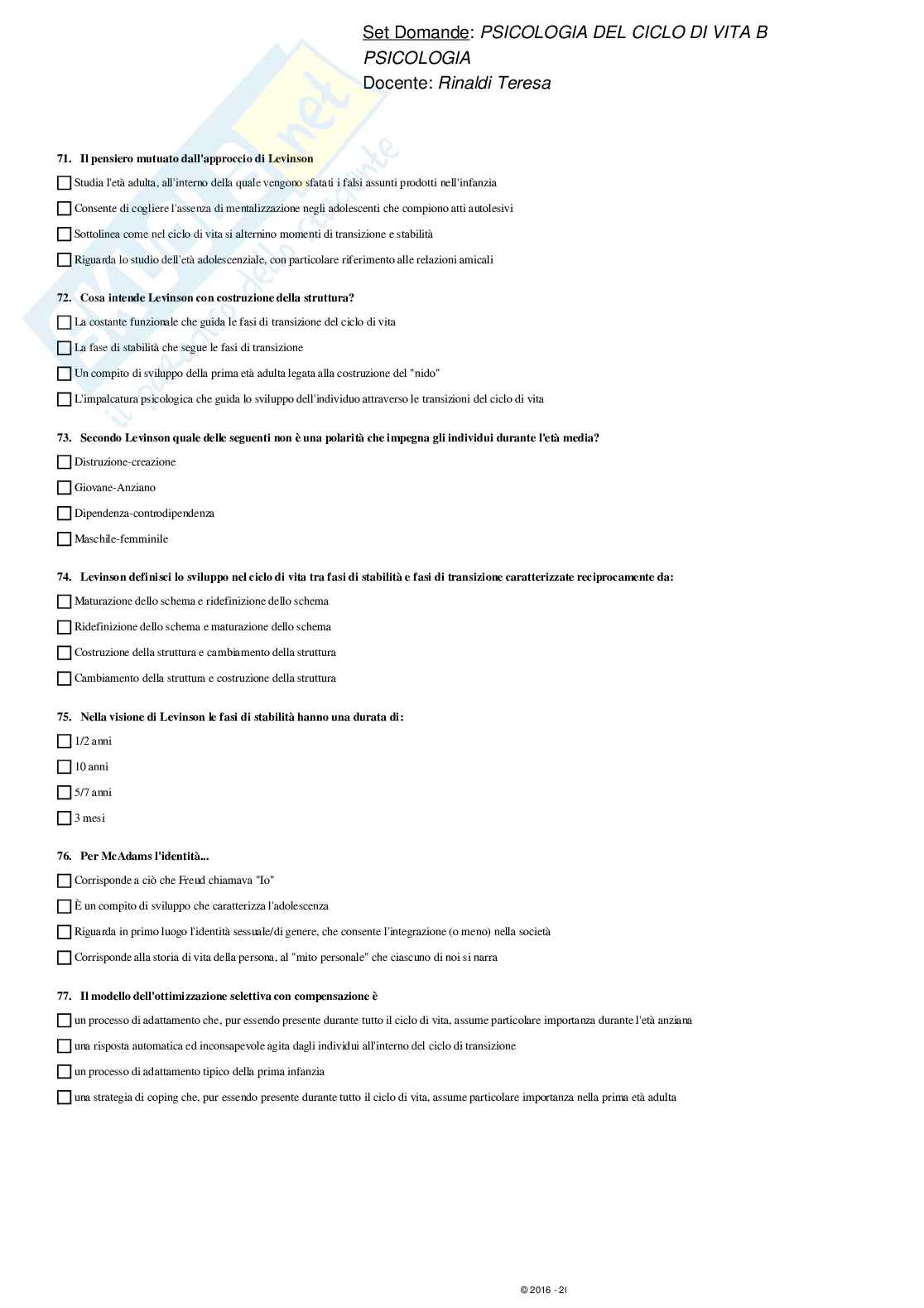 Paniere svolto Psicologia del ciclo di vita - domande multiple Pag. 11