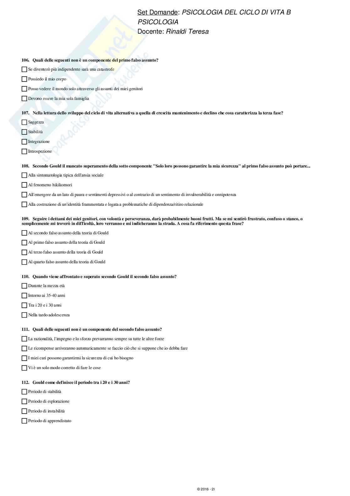 Paniere svolto Psicologia del ciclo di vita - domande multiple Pag. 16