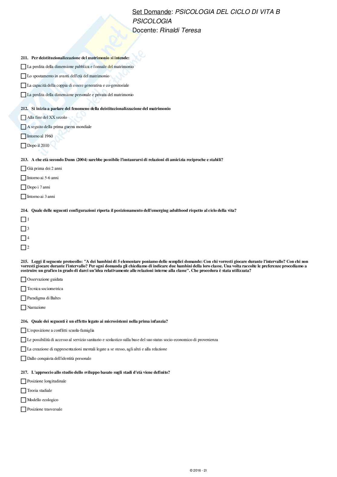 Paniere svolto Psicologia del ciclo di vita - domande multiple Pag. 31