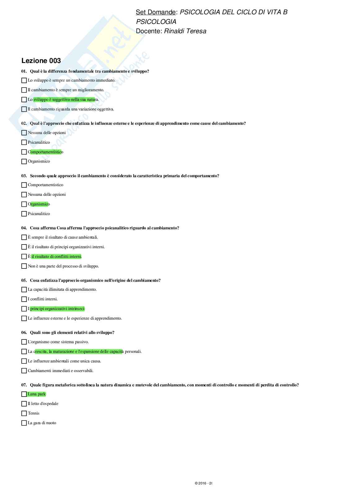 Paniere svolto Psicologia del ciclo di vita - domande multiple Pag. 46