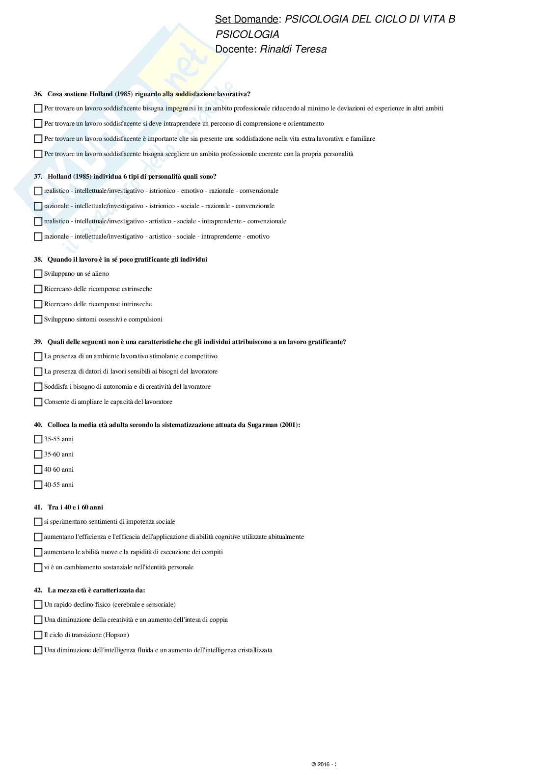 Paniere svolto Psicologia del ciclo di vita - domande multiple Pag. 6