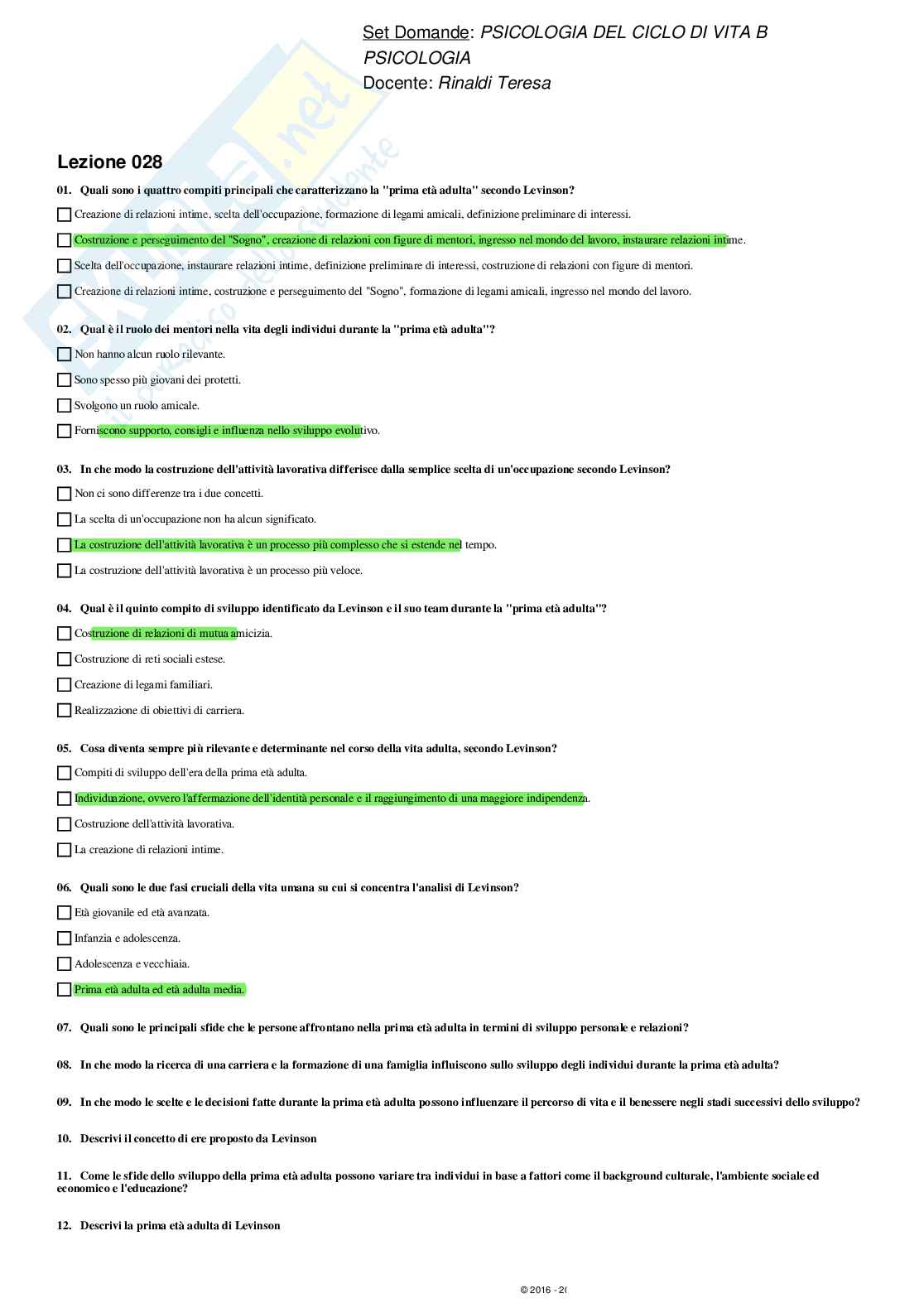 Paniere svolto Psicologia del ciclo di vita - domande multiple Pag. 91