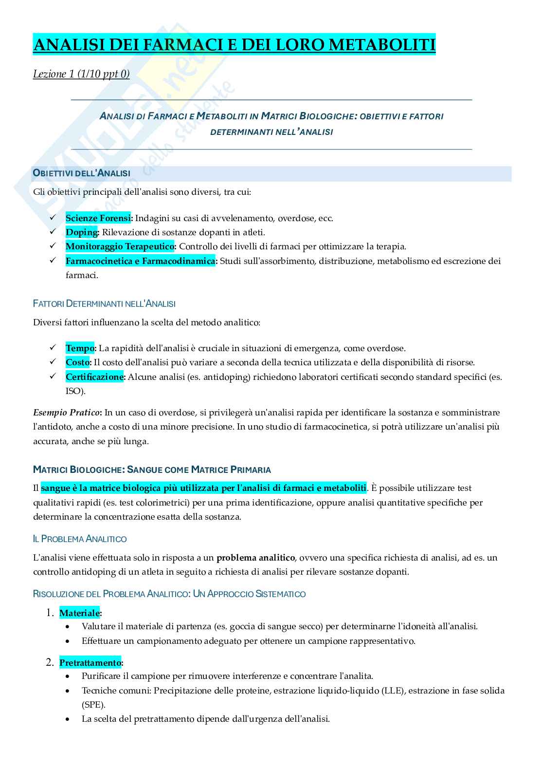 Appunti completi di Analisi dei Farmaci e dei loro metaboliti nei fluidi biologici Pag. 1