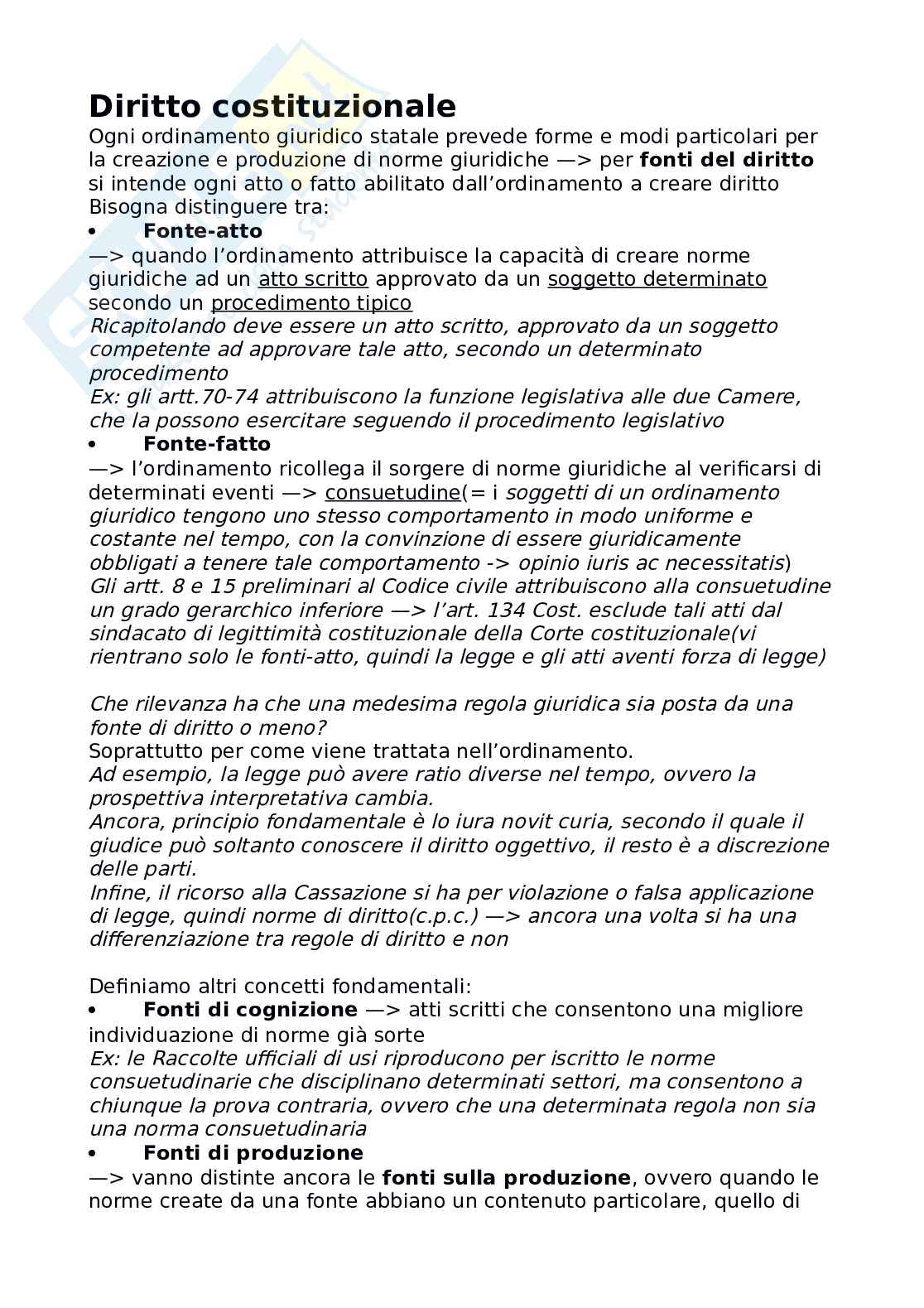 Riassunto esame Diritto costituzionale, Prof. Carnevale Paolo, libro consigliato Le fonti del diritto italiano, Cicconetti Pag. 1