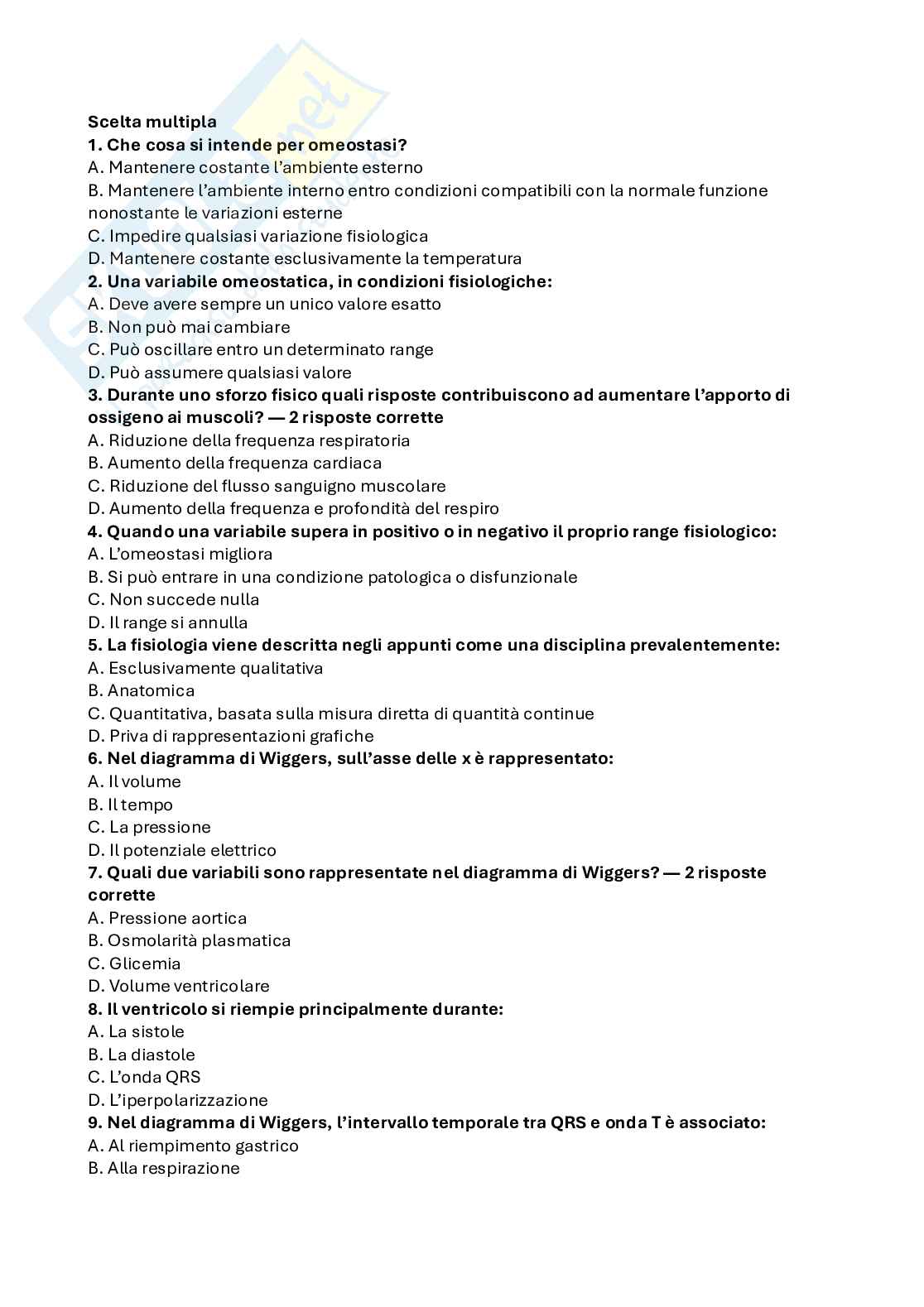 Domande a scelta multipla di Fisiologia umana Pag. 1