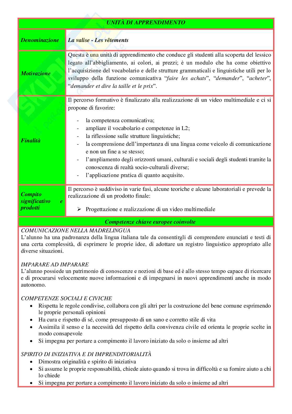 Esempio UDA lezione simulata concorso scuola aa 25 a 22 lingua francese titolo la valise, les vetements compressed Pag. 2