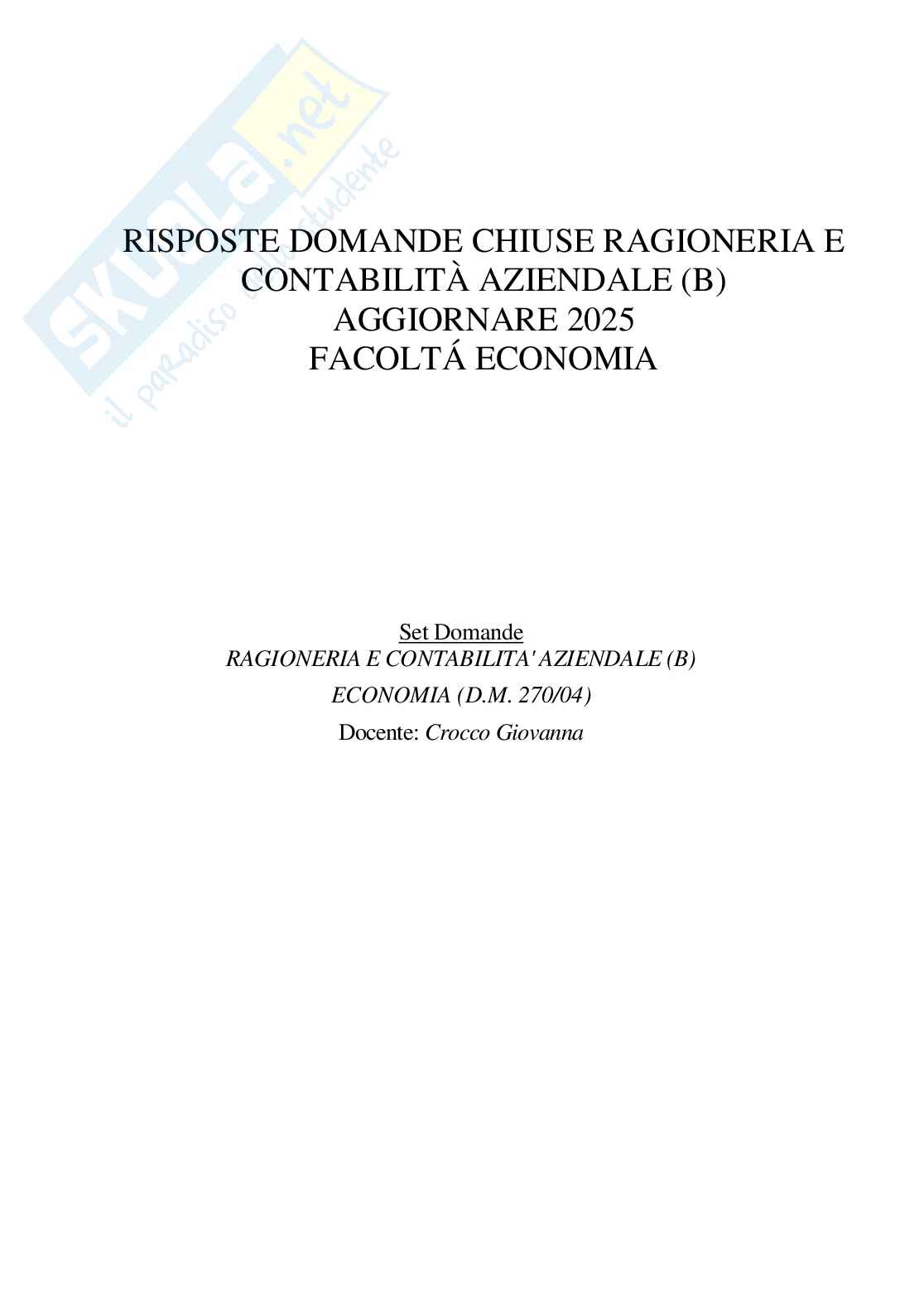 Risposte domande chiuse Ragioneria e contabilità aziendale (b) aggiornate 2025  Pag. 1