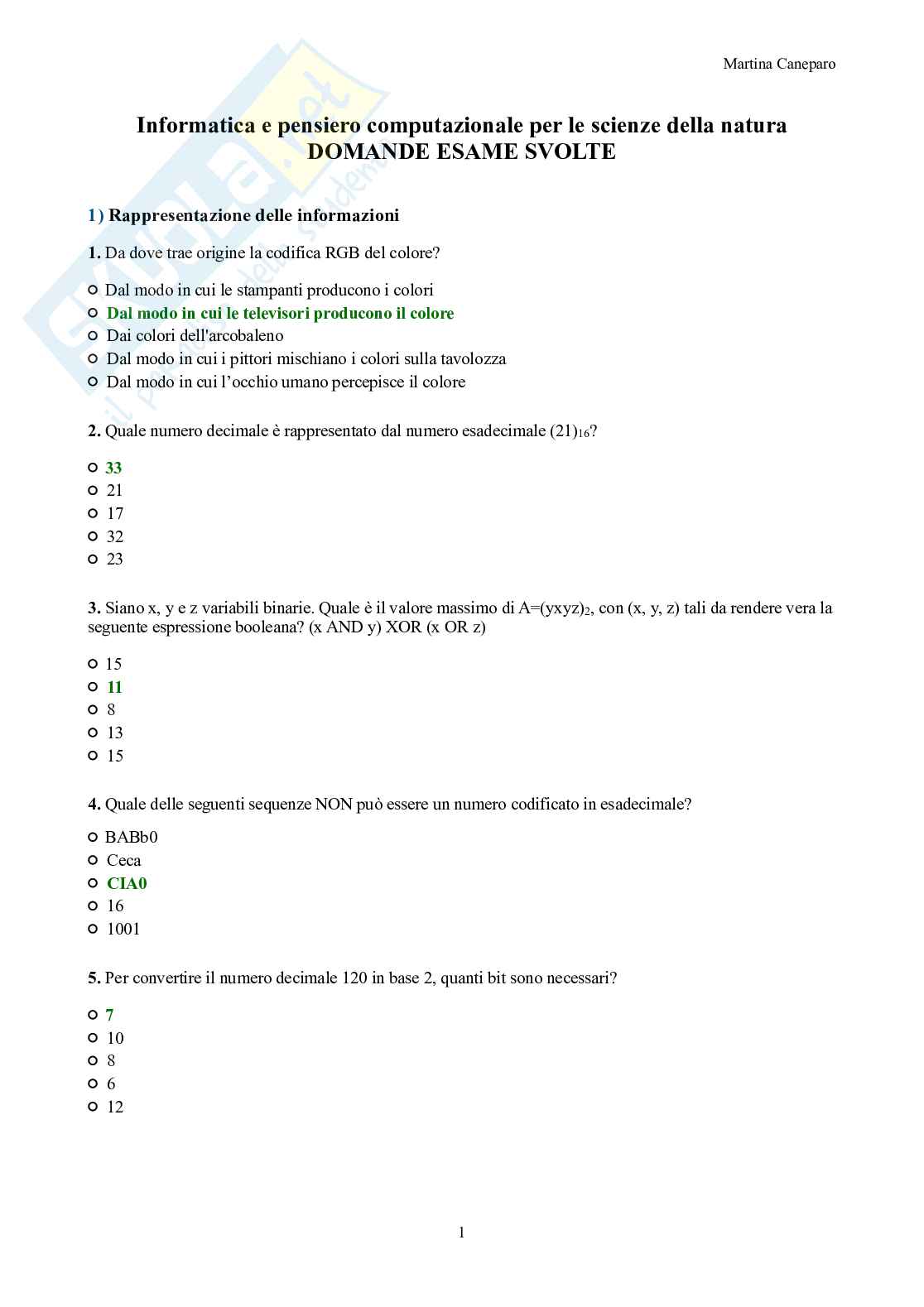 Informatica e pensiero computazionale – Domande d'esame svolte (6 aree, credito libero Economia aziendale) Pag. 1