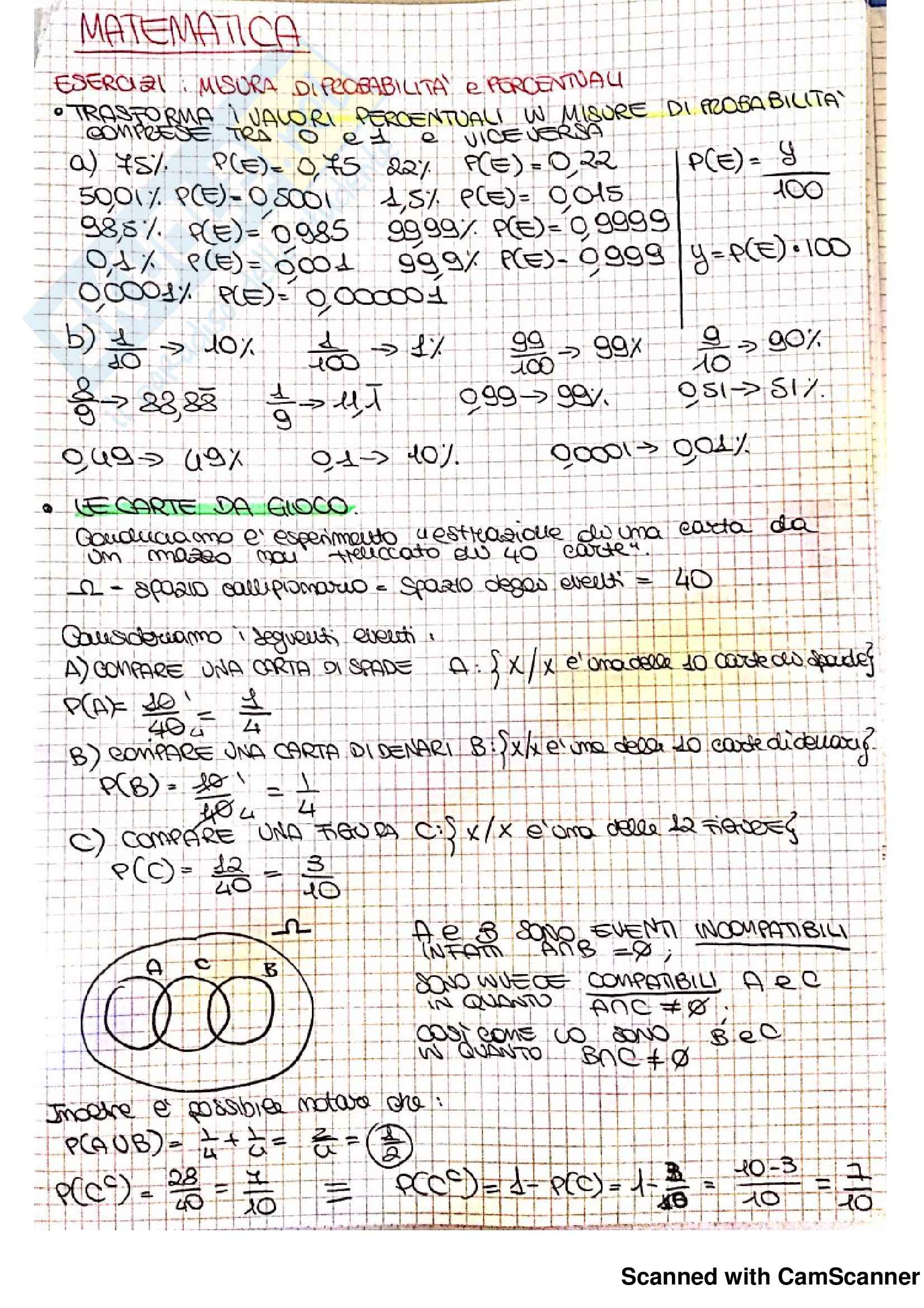 Appunti ed Esercizi Matematica per la formazione di base (II) Parte 1: Probabilità e complementi, Statistica Pag. 1