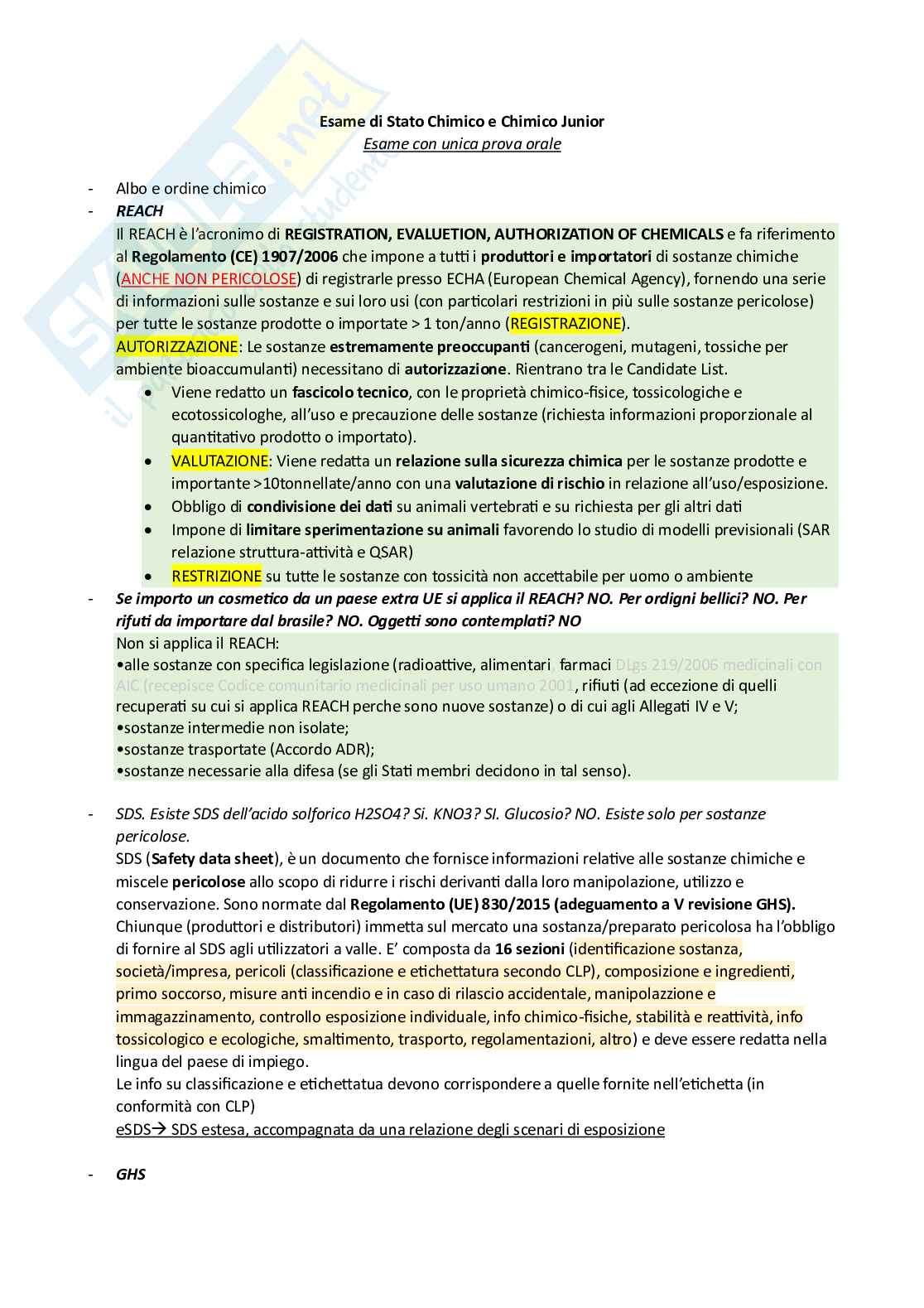 Domande e risposte esame di stato Chimico e Chimico Junior Pag. 1