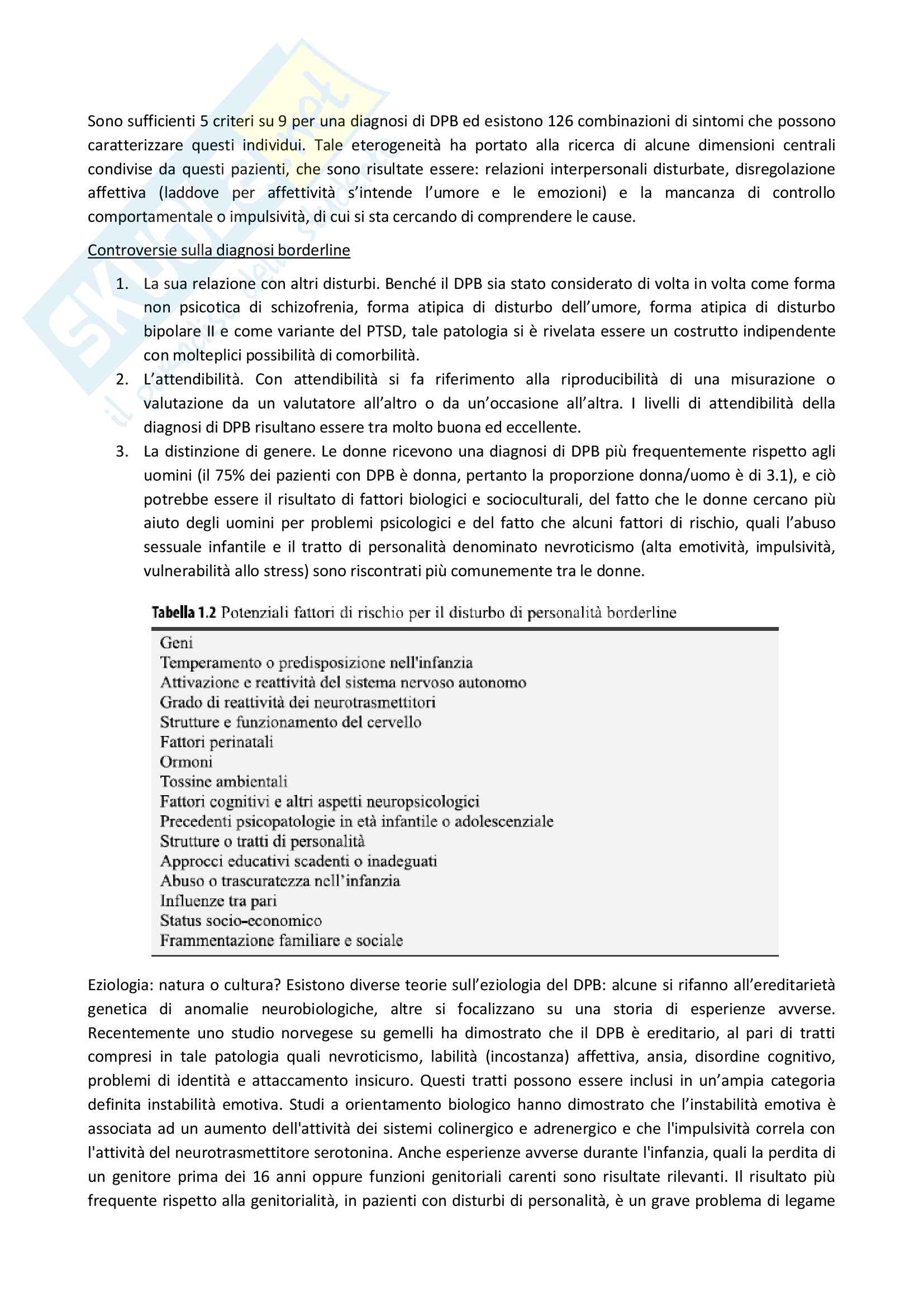 Riassunto esame delle lezioni di Psicopatologia generale e dell'età evolutiva, prof. Prunas e Preti, libro consigliato "Disturbo borderline di personalità: una guida per professionisti e familiari" (Gunderson, Hoffman) Pag. 2