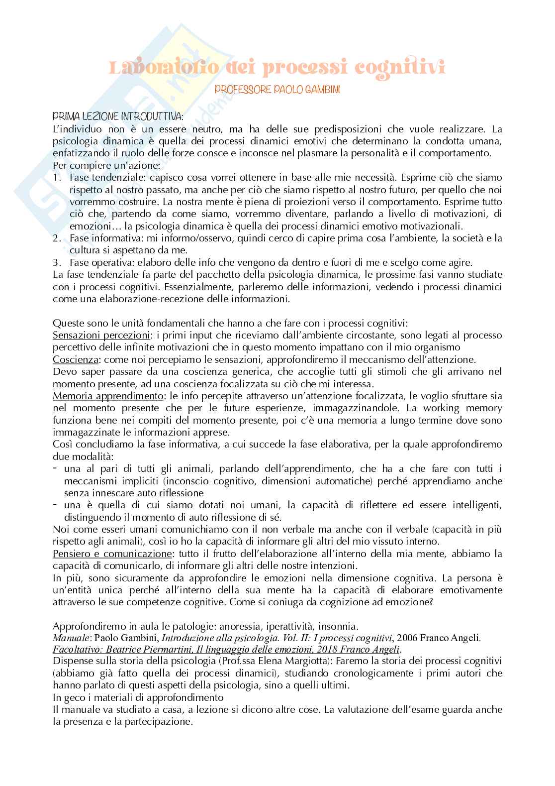 Riassunto esame Psicologia generale, Prof. Gambini Paolo, libro consigliato  Introduzione alla psicologia. Vol. II: I processi cognitivi , Gambini Pag. 1