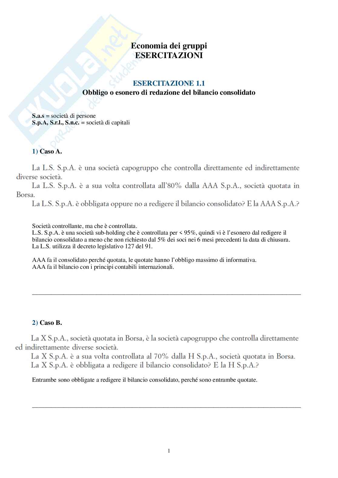 Economia dei gruppi – Esercitazioni svolte sul bilancio consolidato Pag. 1