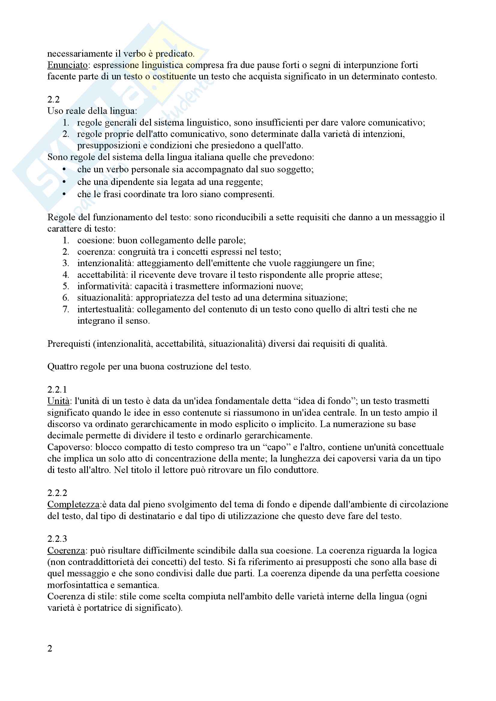 Riassunto esame istituzioni di linguistica italiana, prof D'Achille, testo consigliato Analisi del linguaggio giuridico. Il testo normativo in una tipologia generale di test, Sabatini Pag. 2
