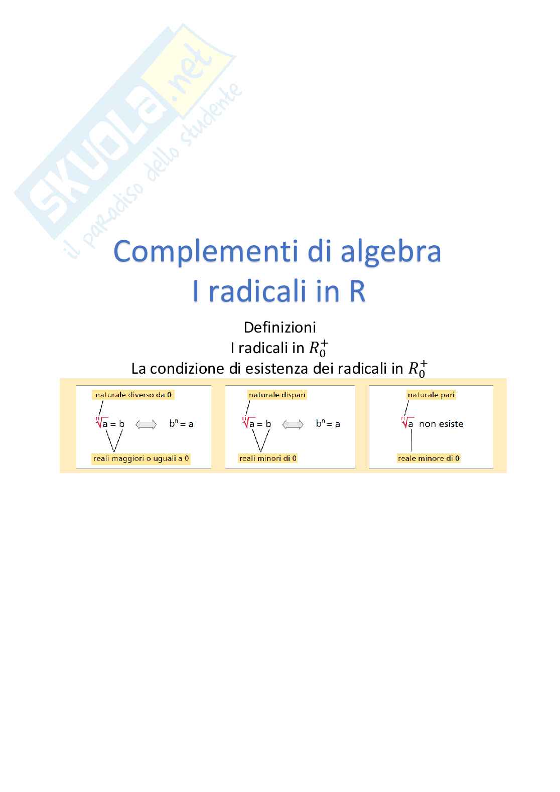 Radicali in R, definizioni e condizioni di esistenza, esercizi svolti Pag. 1